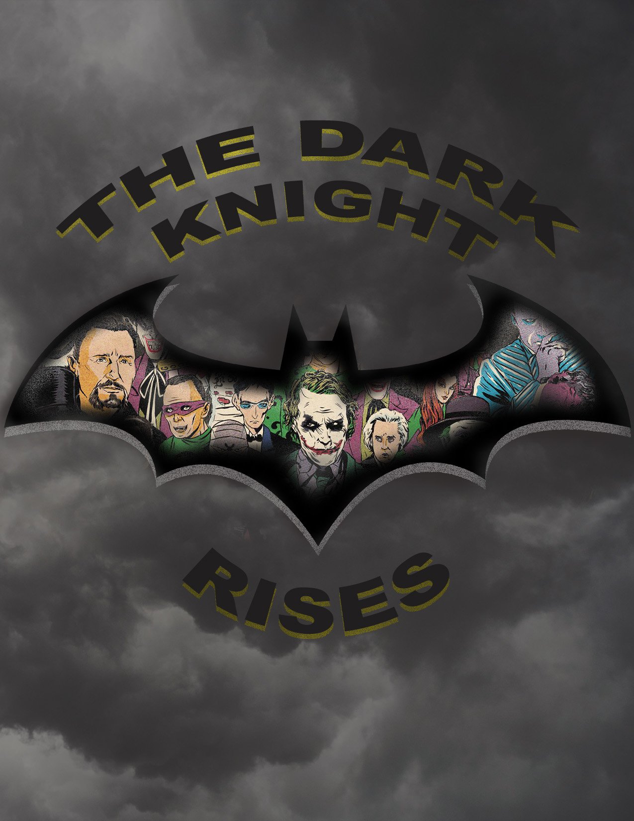 Dark cloudy sky background with a Batman logo in the center containing illustrations of various comic book characters, and text reading 'The Dark Knight Rises' above and below the logo.
