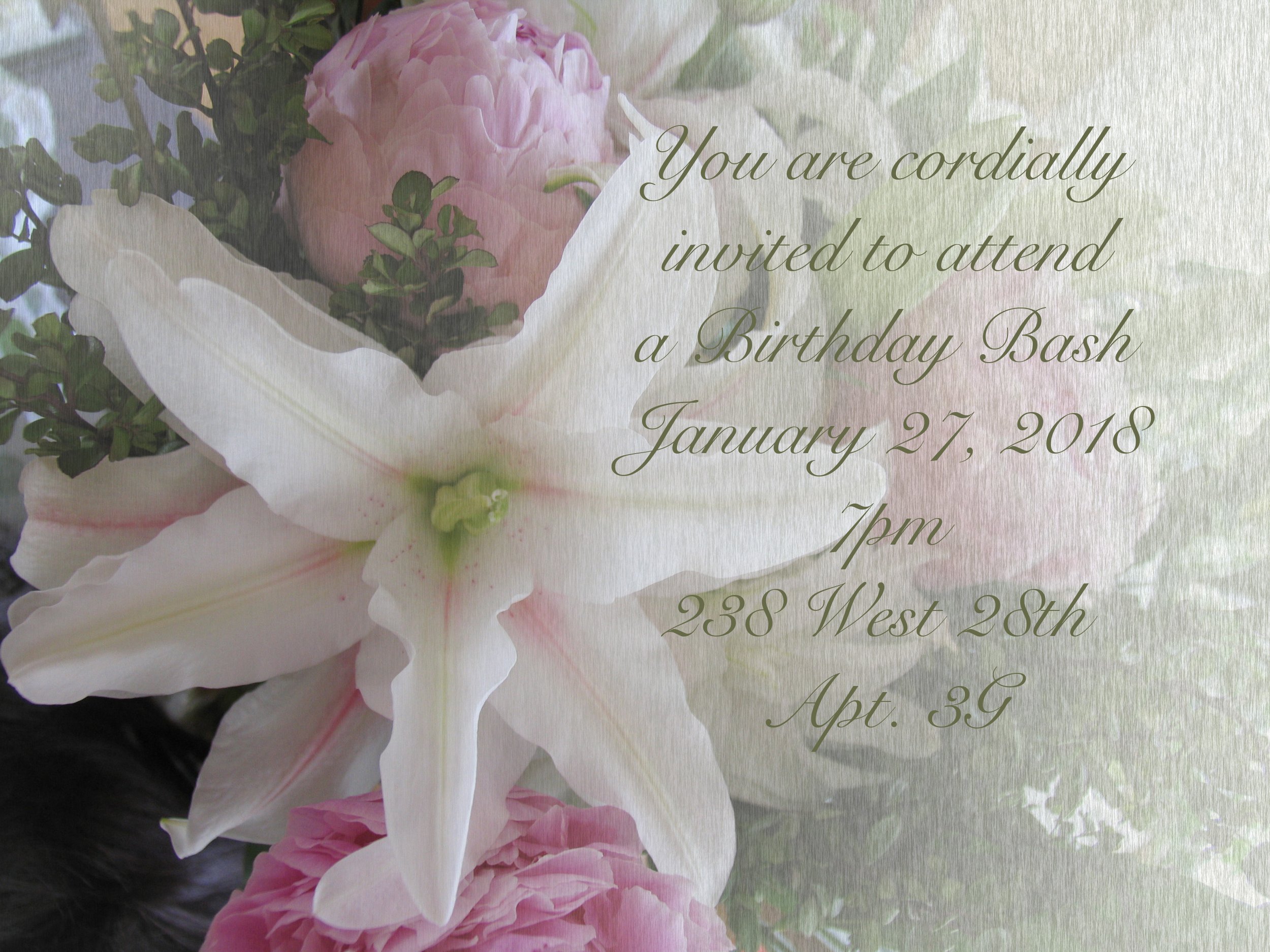 A close-up of pink and white flowers with a blurred background, featuring an overlaid greeting text inviting to a birthday bash.