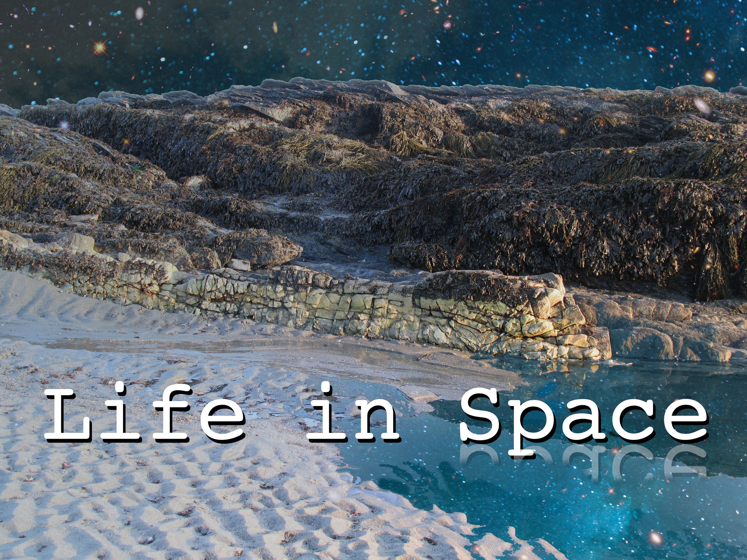 A rocky shoreline with dark seaweed-covered rocks and a snowy beach, with a starry night sky in the background, and the text 'Life in Space' partially visible at the bottom.