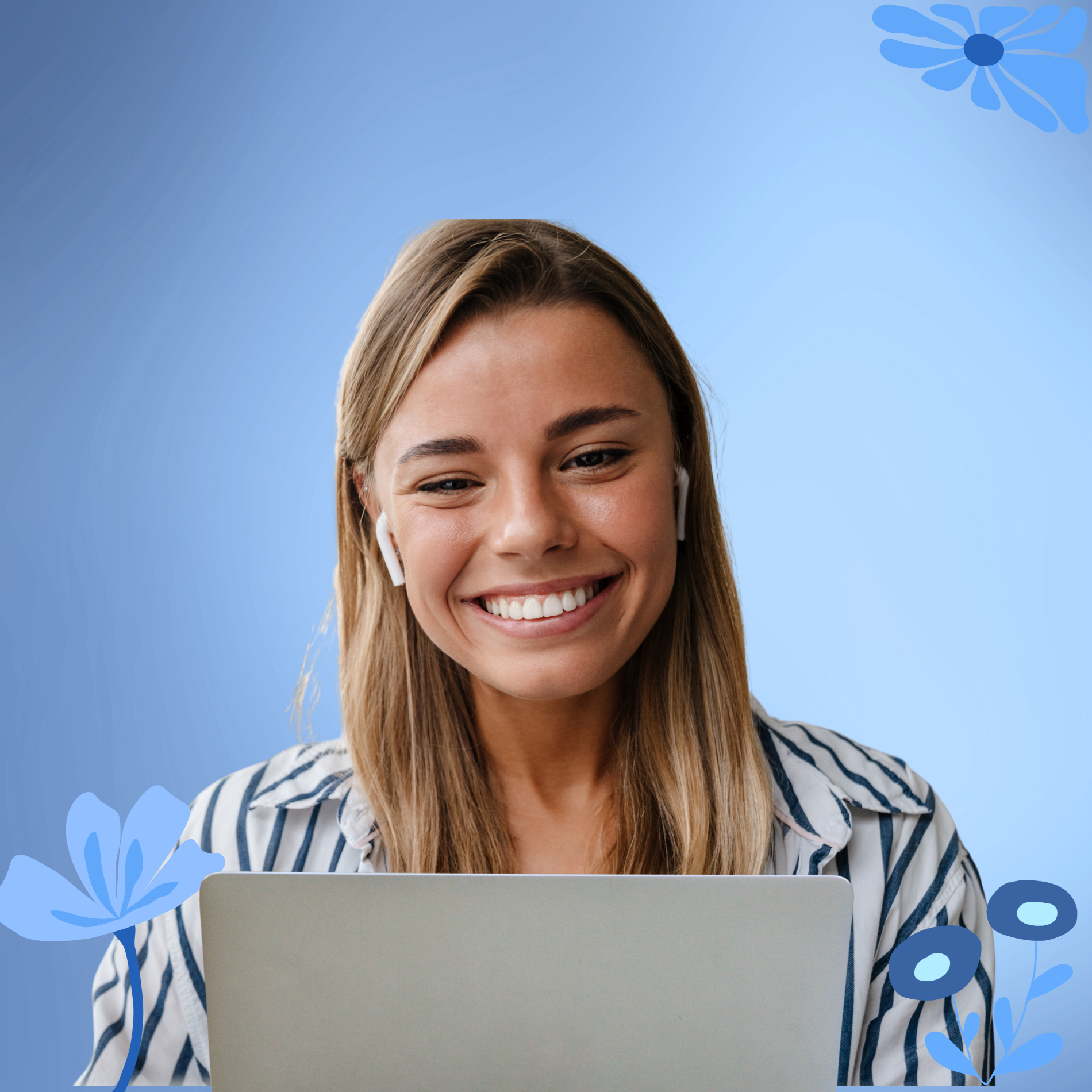 A young woman with blonde hair smiling while looking at her laptop screen, wearing white wireless earbuds, against a blue background with floral illustrations.