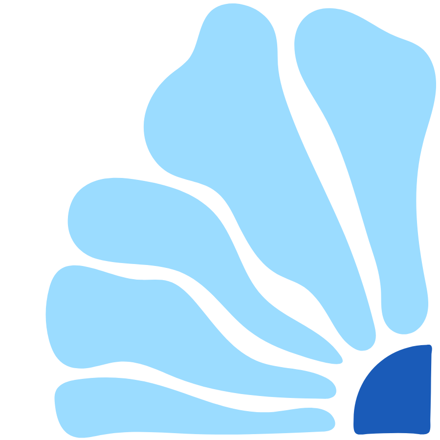 A stylized illustration of a blue flower with petals and a dark blue base.