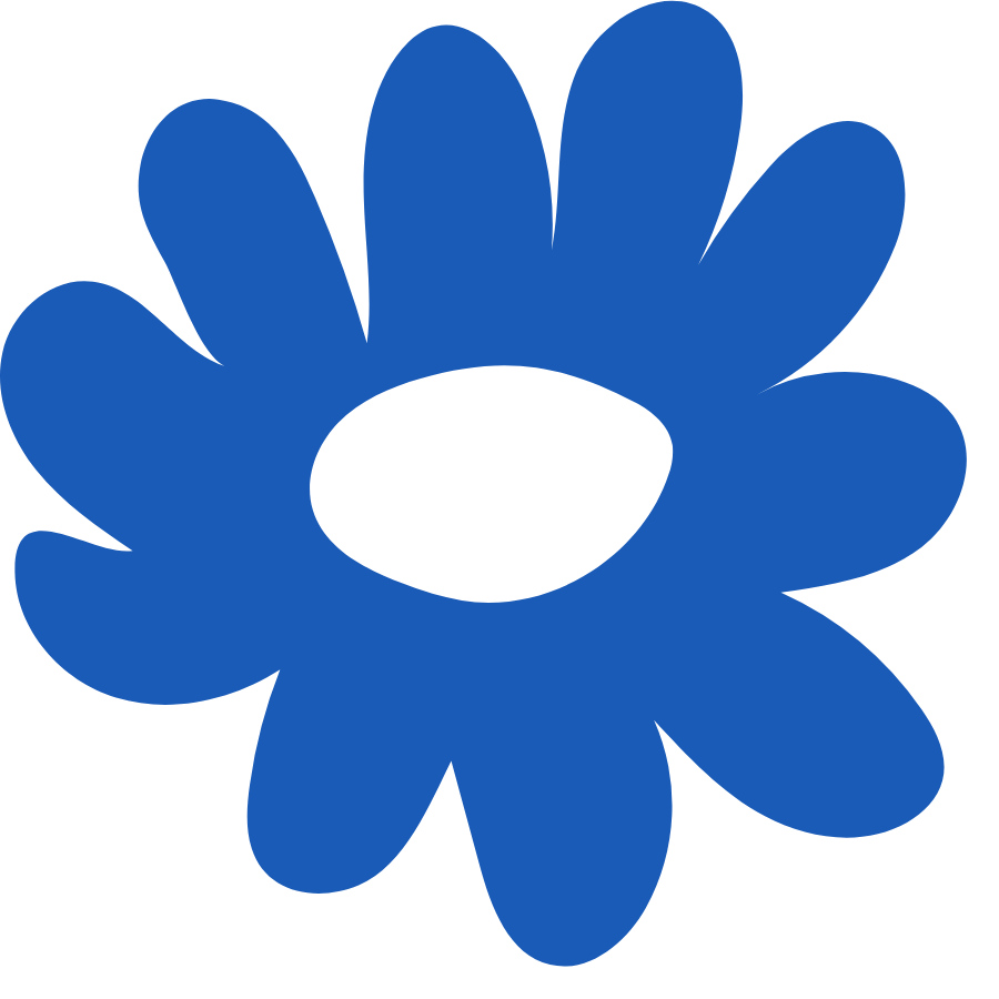 A stylized blue flower with a black center and simple petal shapes.