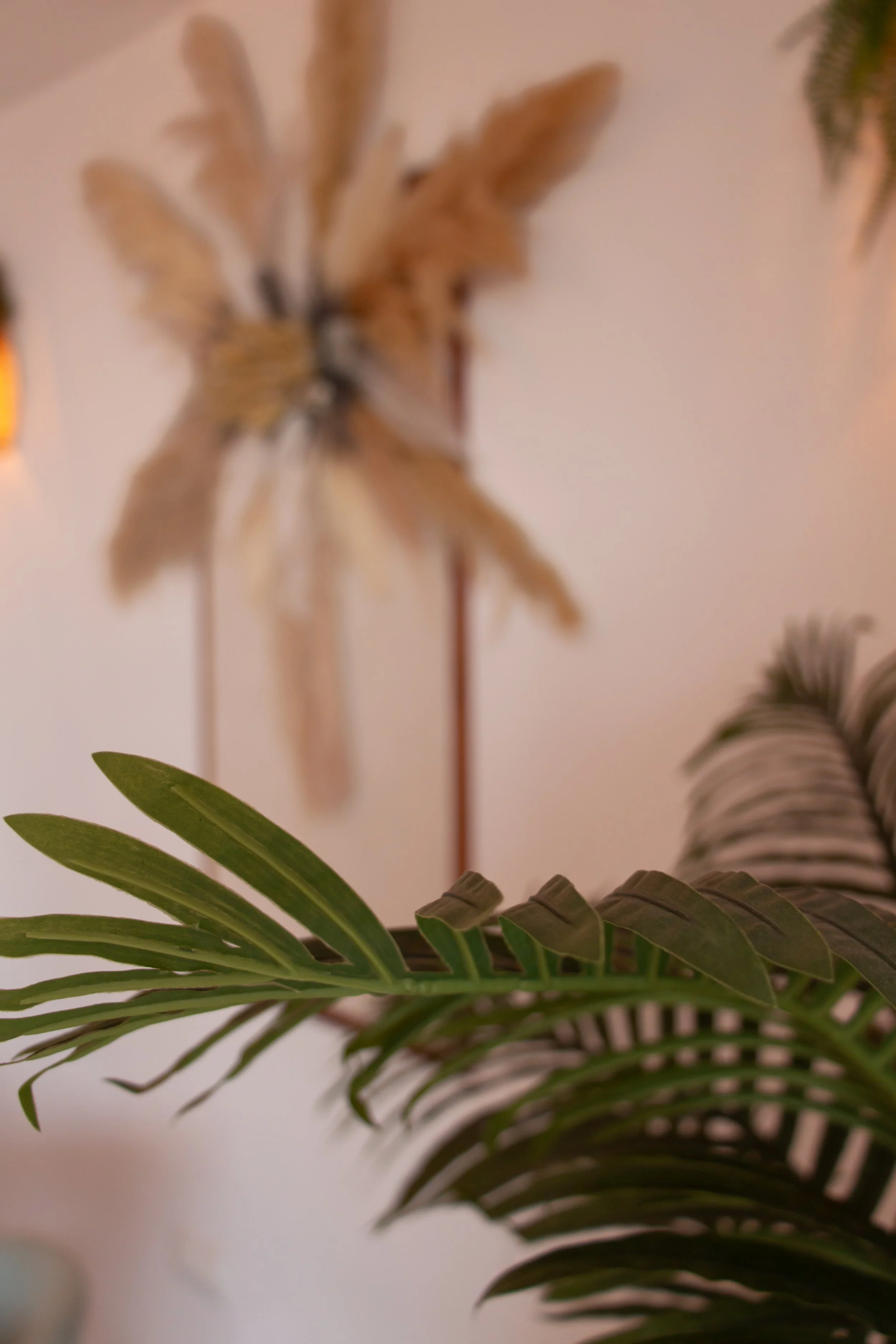 Blurred image of beige and brown dried pampas grass and green palm leaves.