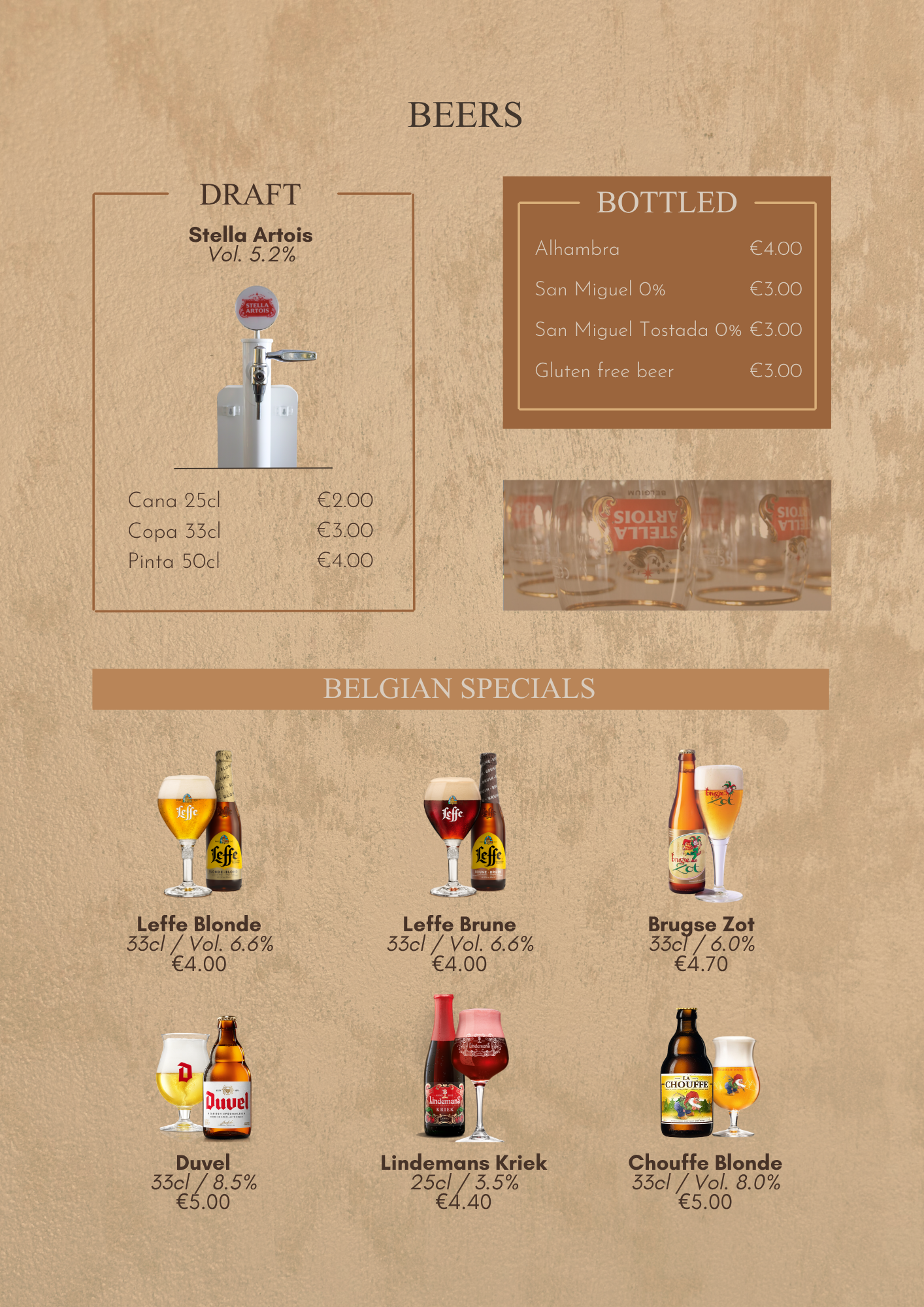 Menu displaying different types of Belgian beers with images, names, alcohol volume, and prices, including Stella Artois draft, bottles of Alhambra, San Miguel, gluten-free beer, and various bottled beers such as Leffe Blonde, Leffe Brune, Brugse Zot, Duvel, Lindemans Kriek, and Chouffe Blonde.