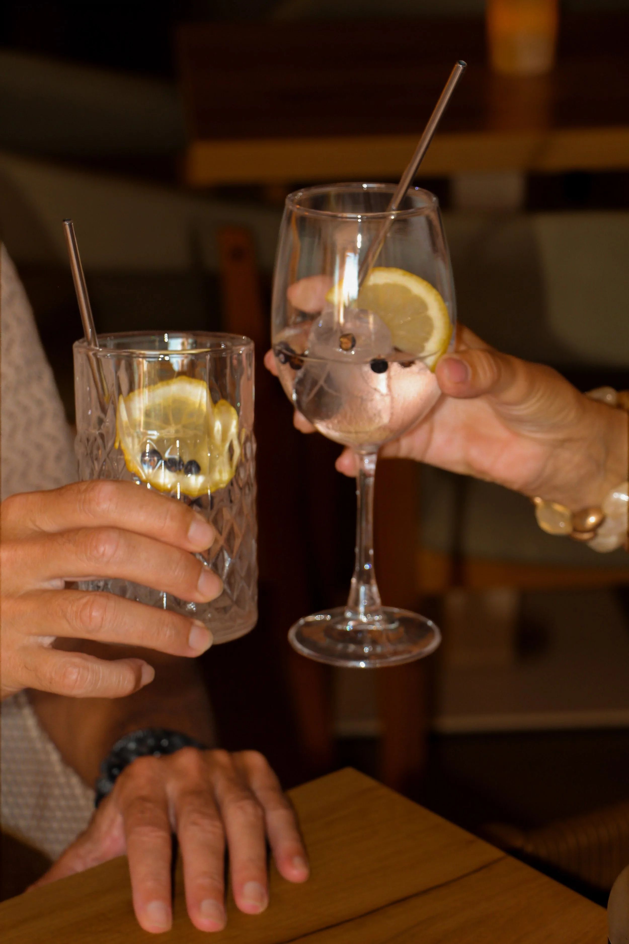 Two glasses with lemon slices, blueberries, and ice, being held by two different people to toast in a celebration setting.