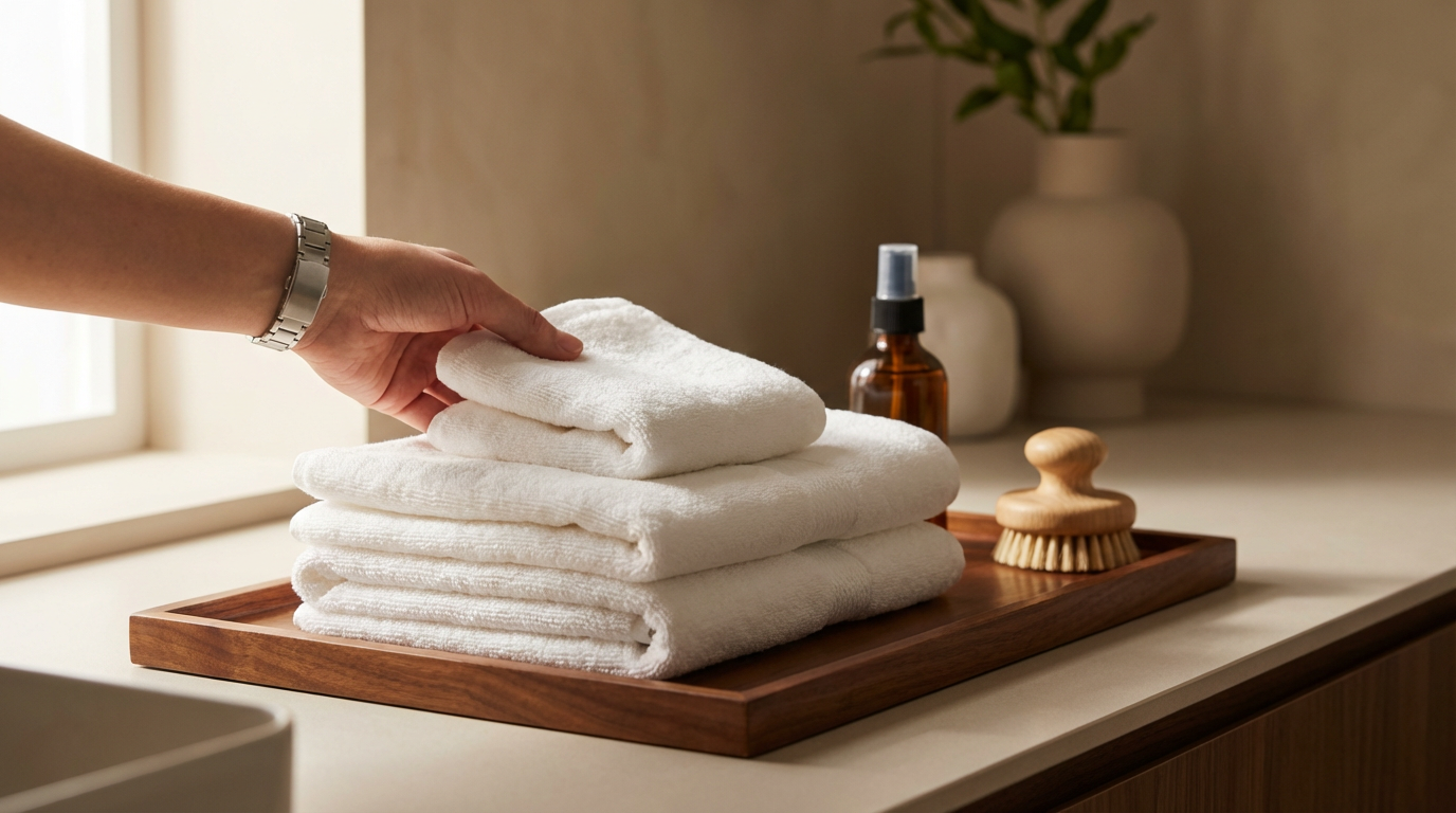 A hand folding a white towel in a spa or bathroom setting with towels stacked on a wooden tray, a spray bottle, a brush, and decorative vases in the background.