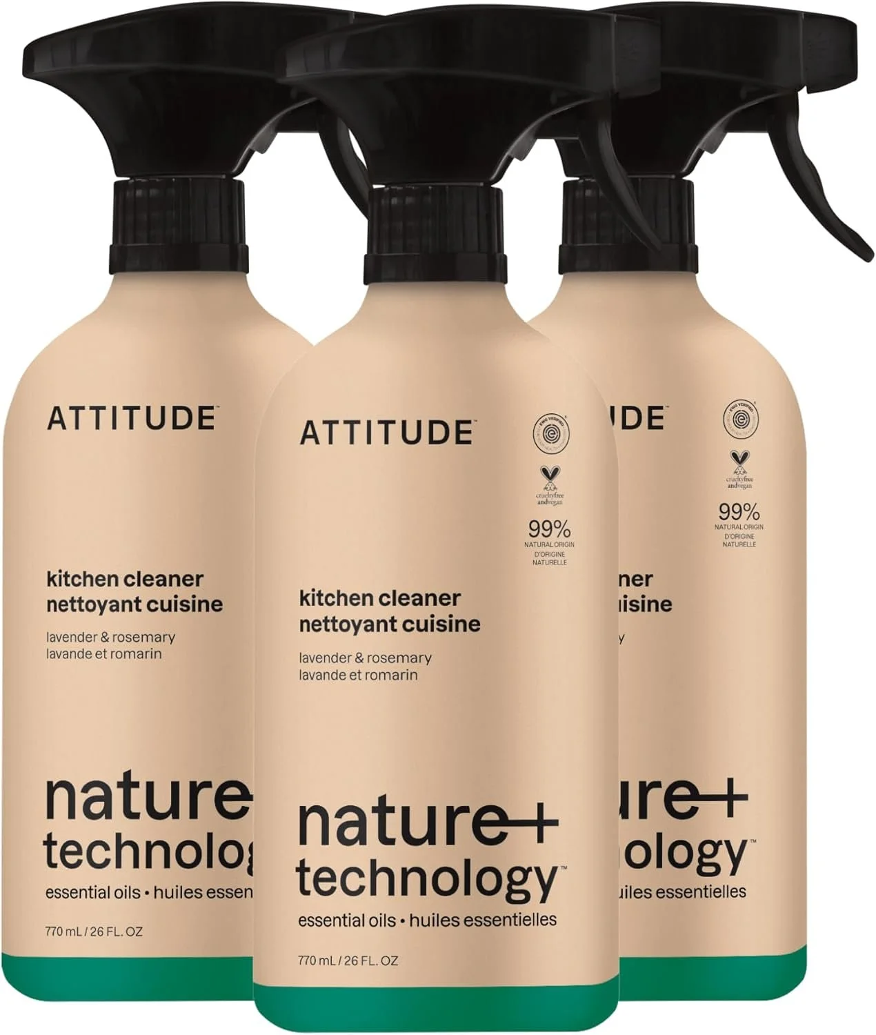 ATTITUDE Kitchen Cleaner Spray, EWG Verified, Degreaser Spray to Cut Grease & Grime, Plant-Based & Vegan, Lavender & Rosemary, 770 mL (Pack of 3)