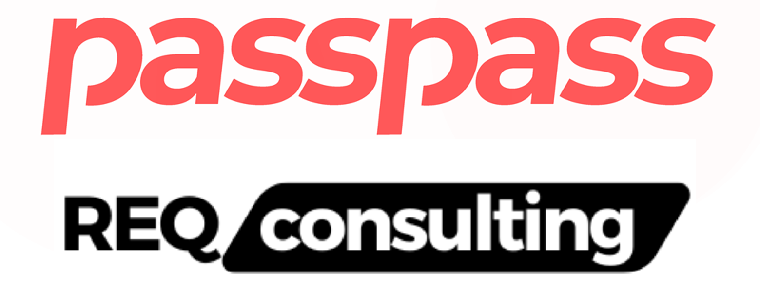 Logo with the words "passpass REQ consulting" in bold, with "passpass" in red and "REQ consulting" in black.