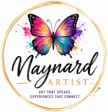 A colorful butterfly illustration above the name 'Maynard Artist' with the tagline 'Art that speaks, experiences that connect' in pink and purple text.