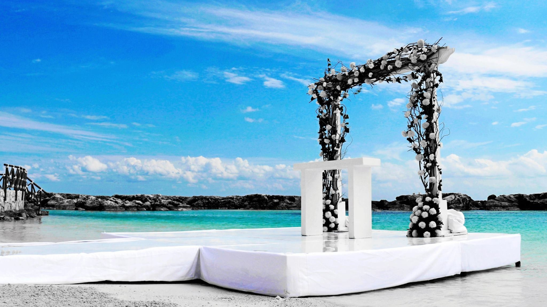 An outdoor wedding arch decorated with black vines and white flowers set against a beach with turquoise water, rocks, and a clear blue sky.