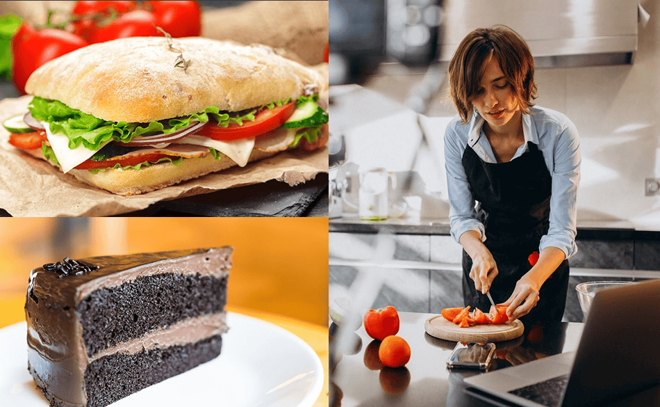 A collage of four images: a sandwich with lettuce, tomato, and cheese; a woman slicing strawberries in a kitchen; a chocolate cake slice; and a woman preparing tomatoes in a kitchen.