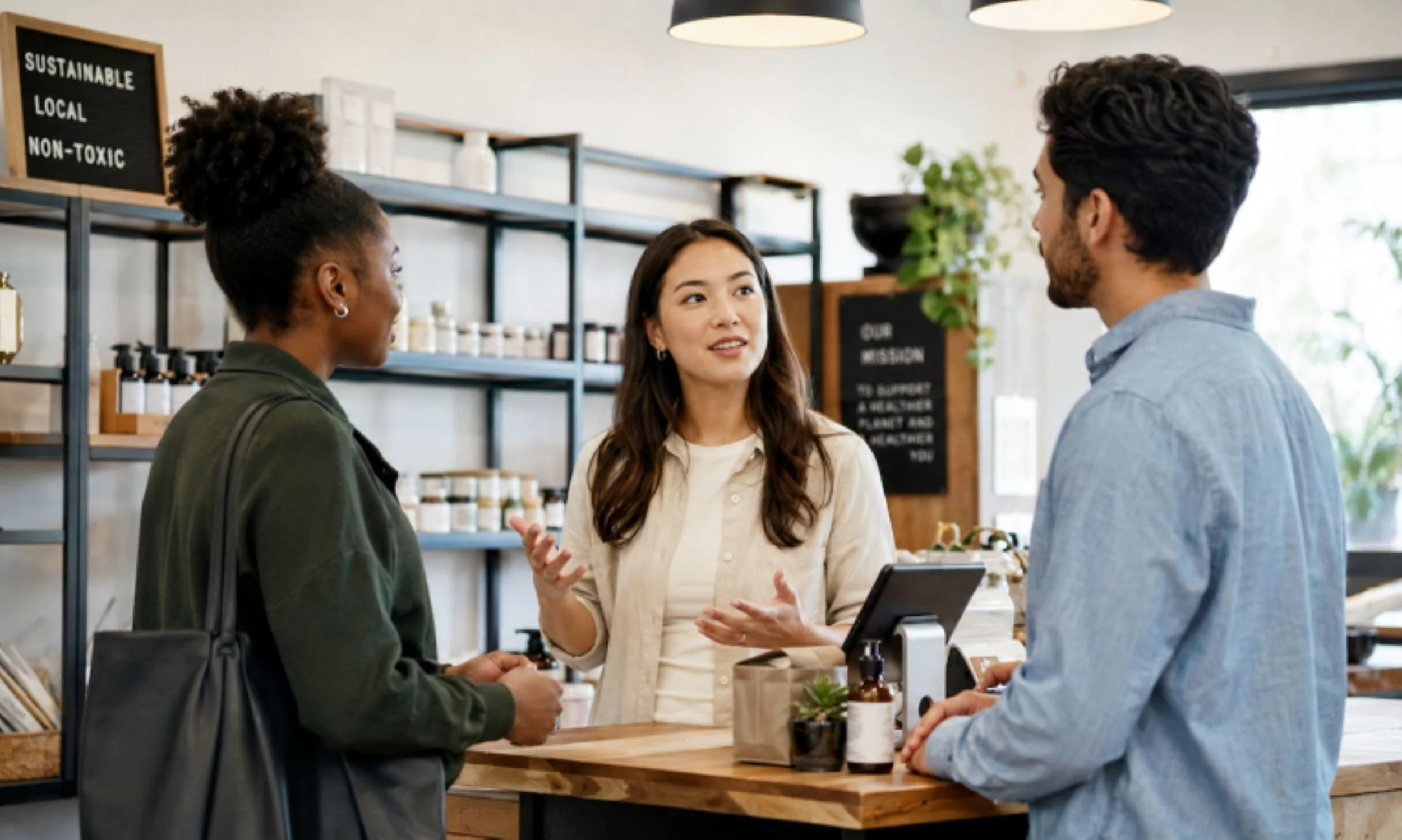 Three people, two women and one man, are engaged in conversation at a store counter. The woman in the middle is speaking and gesturing with her hands. The woman on the left has her hair in a bun and is wearing a dark green jacket. The man on the right has dark, wavy hair and wears a light blue shirt. The store has shelves with products and a sign that reads 'Sustainable Local Non-Toxic' in the background.