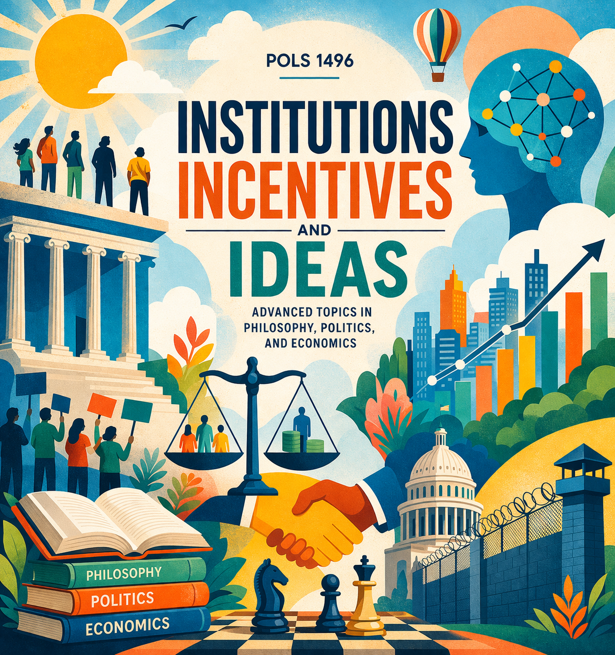 Colorful illustration promoting a course on institutions, incentives, and ideas with references to philosophy, politics, economics, and democracy.