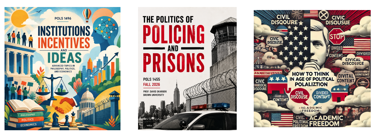 Three course posters about political and social issues, featuring illustrations of government buildings, protests, barbed wire, fences, and American political symbols.