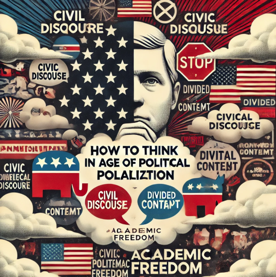 An illustration depicting the division of political discourse in the United States. It features a central figure with half the face against a blue background with white stars and the other half against a red background with white stripes. The image contains words like 'CIVIL DISCOURSE,' 'CIVIC DISGUISE,' 'DIVIDED CONTENT,' 'CIVIC POLITICAL DISCOURSE,' and 'ACADEMIC FREEDOM.' There are also symbols of the American flag, a stop sign, and various clouds conveying the theme of political polarization and discourse.