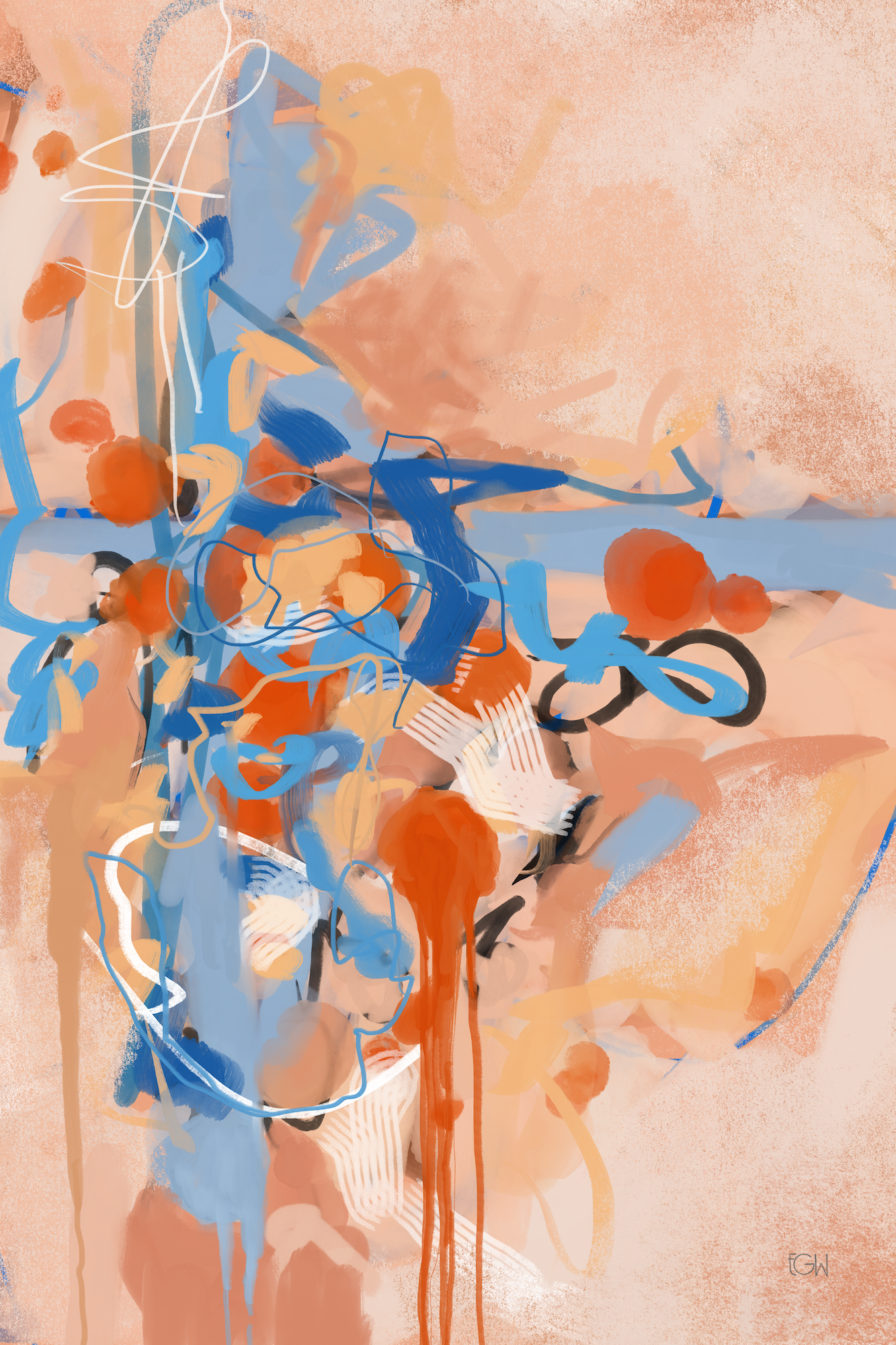 'How We See Things' is abstract digital painting with orange and peach background, blue and orange brushstrokes, lines, and splashes creating a dynamic composition. The artist is Emily Whitish, of Bainbridge Island, WA.