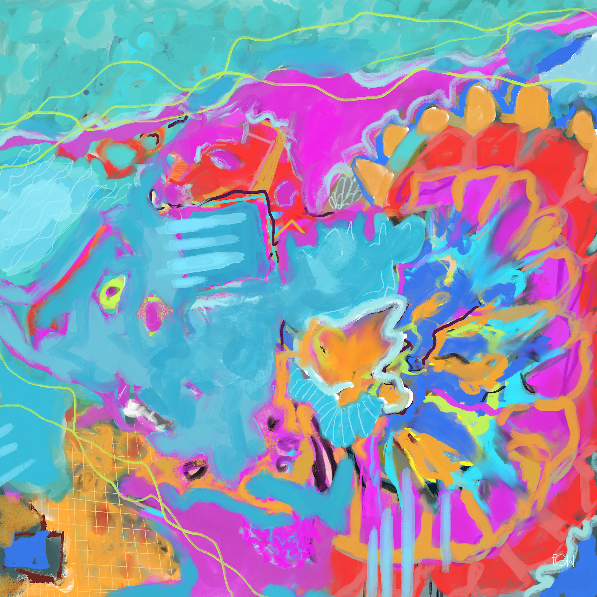'Find Your Voice' is an abstract colorful painting by Emily Whitish with shades of blue, pink, orange, yellow, and purple. Swirling and layered brush strokes, with some grid patterns and lines, creating a vibrant and energetic composition.