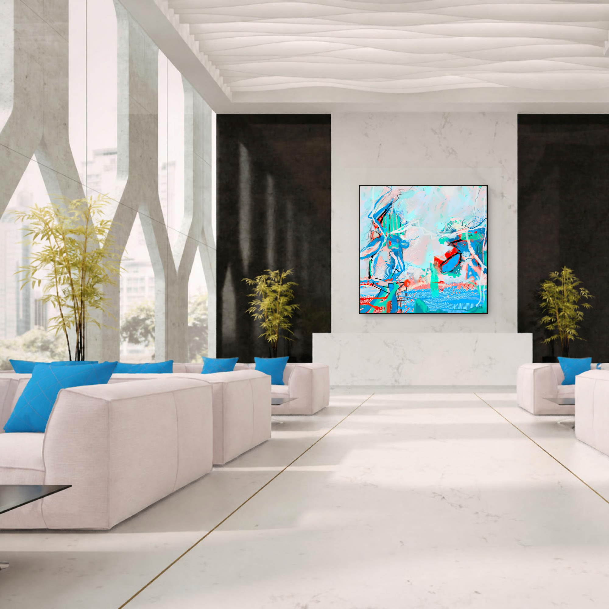 A modern hotel , featuring white marble flooring and contemporary furniture. A colorful abstract painting by Emily Whitish hangs on the wall.