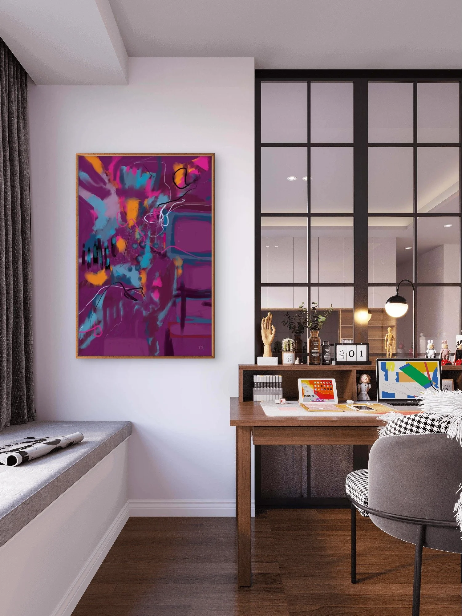 'Come Into Your Own,' a large colorful abstract painting by Emily Whitish hangs in modern home office with dark hardwood floor, gray desk chair, built-in window seat, decorative objects on desk, and cozy lighting.