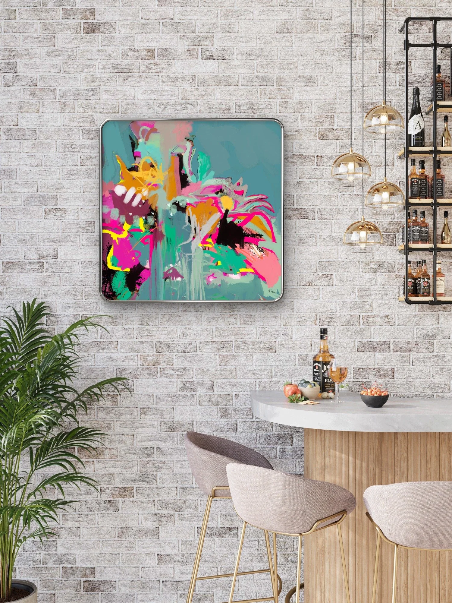 'Softly Then Suddenly,' a contemporary abstract painting by Emily Whitish hangs in a modern bar with a white brick accent wall, a white bar with food and drinks, 