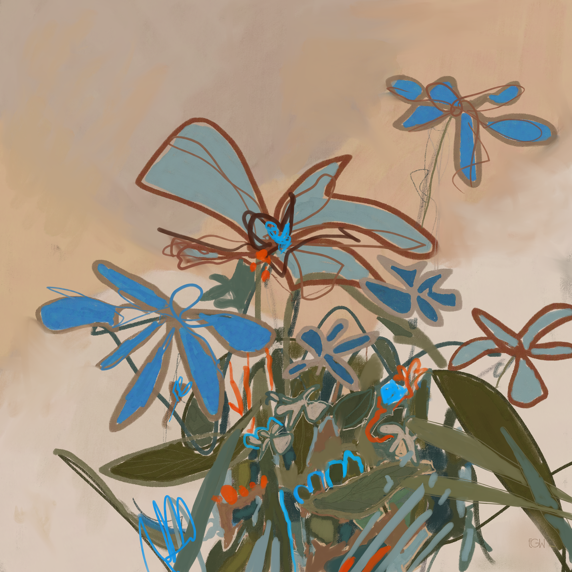 'In Full Feeling' is an abstract artwork featuring vibrant blue, orange, and green elements with shapes resembling flowers and leaves, signed by the artist, Emily Whitish.