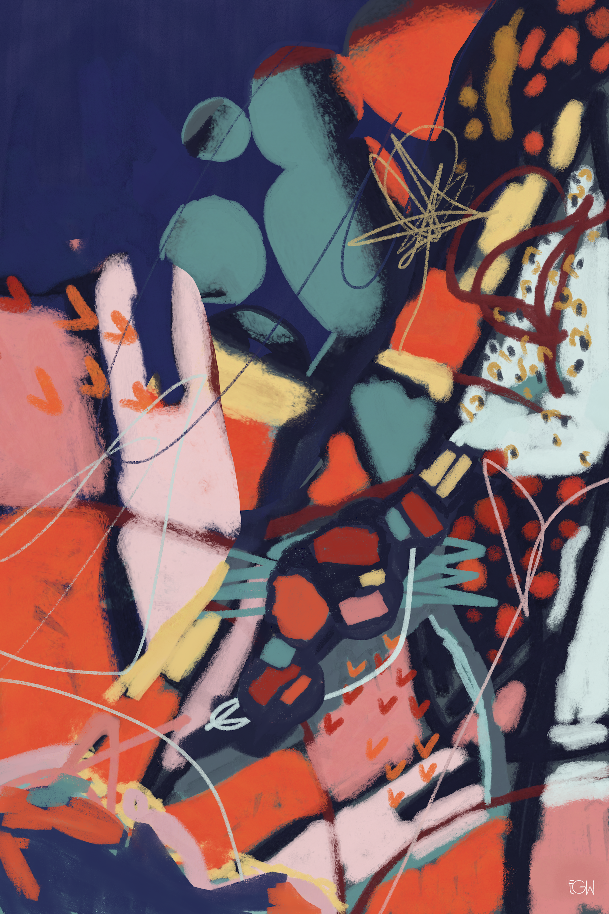 'See With Fresh Eyes" is an abstract painting featuring silhouettes of a person wearing sunglasses, with vivid colors like orange, red, yellow, and teal, interwoven with dynamic lines and shapes.
