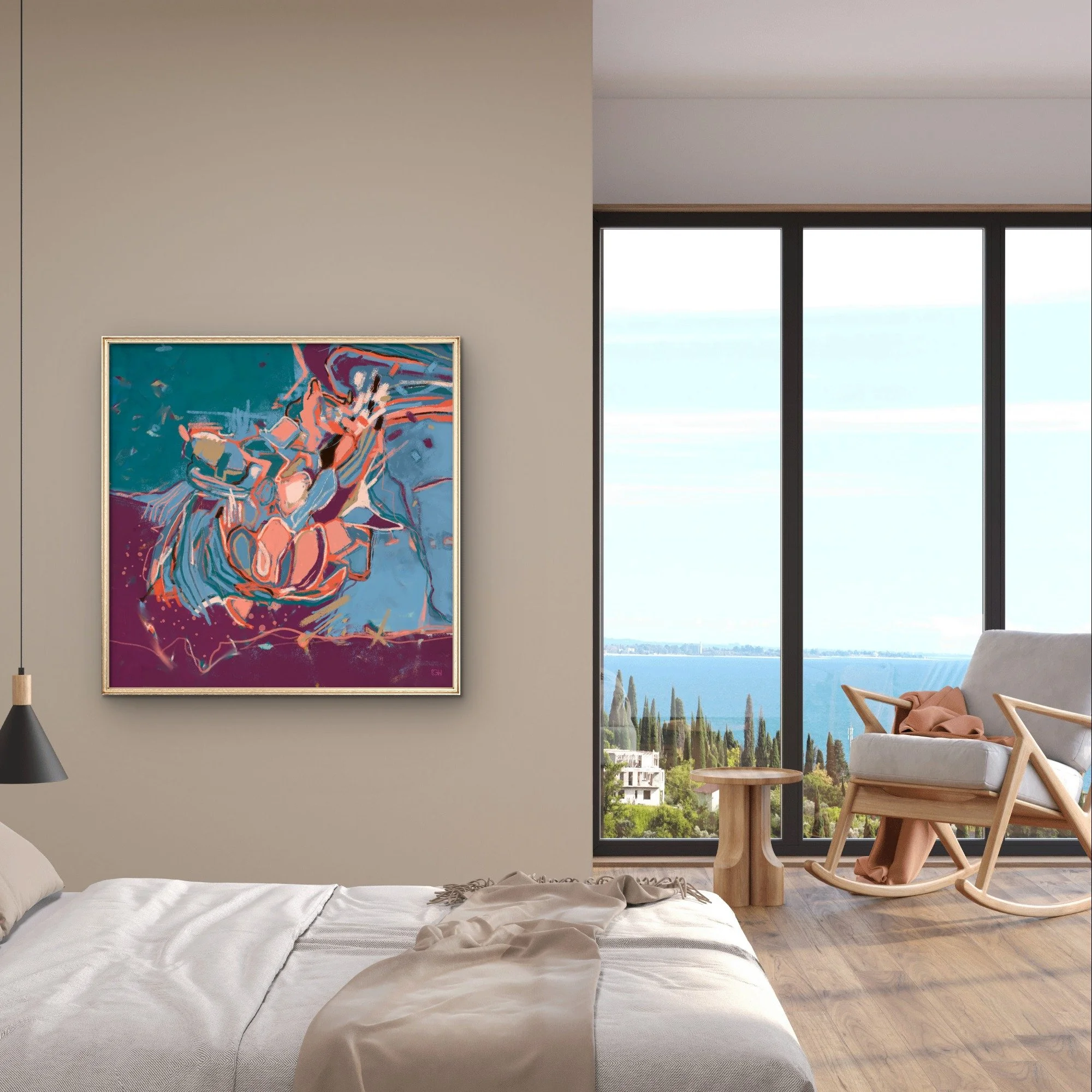 'Get Out of Your Own Way,' a bold and colorful abstract art print by Emily Whitish hangs on the wall of a bedroom with a bed with white linens and large windows revealing a scenic view of water.