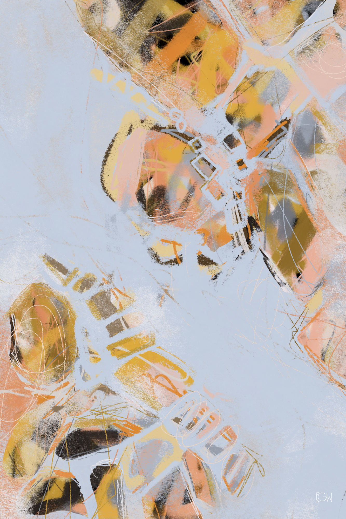 'In Orbit' is an abstract digital art piece by Emily Whitish featuring splashes of orange, black, yellow, and white, featuring overlapping lines and shapes with a textured appearance.