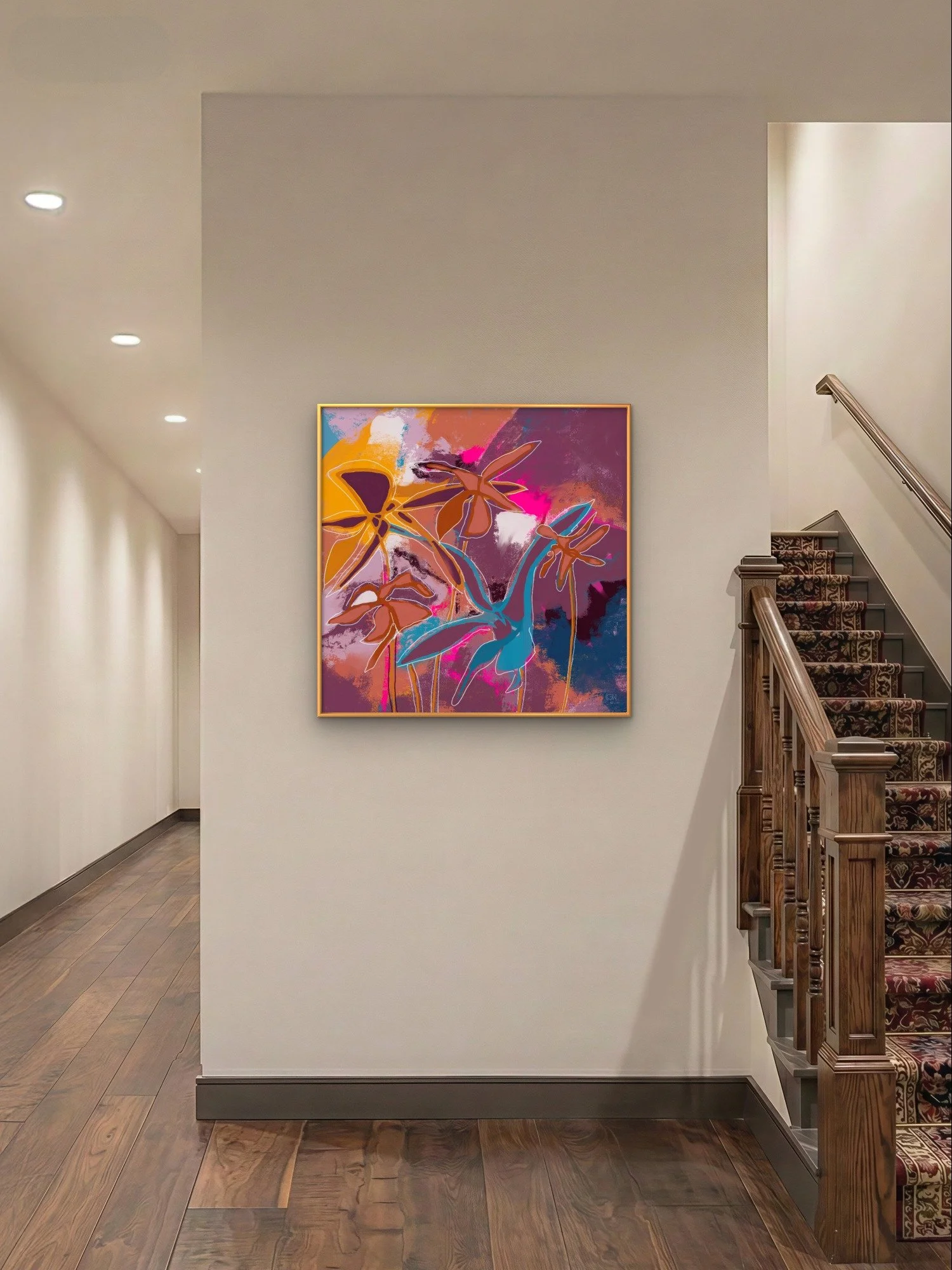 'The Best of Both Worlds' abstract botanical art print by PNW artist Emily Whitish hangs framed in a vintage apartment hallway with wooden flooring, and a staircase with a patterned carpet.