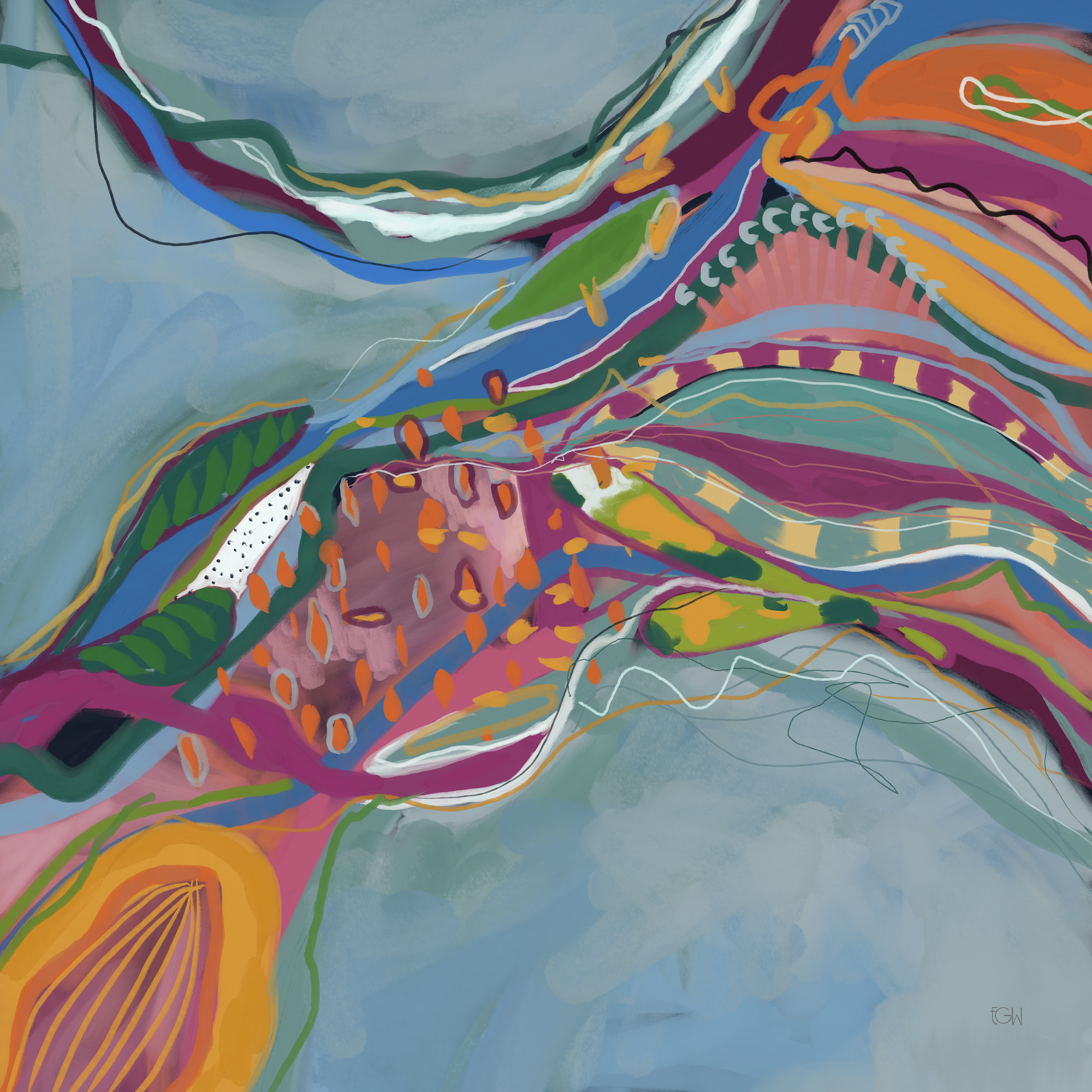 'Strike a Chord' is an abstract digital painting by Bainbridge Island artist Emily Whitish, featuring flowing multicolored lines, dots, and shapes in shades of blue, orange, pink, green, and white, set against a light blue background.