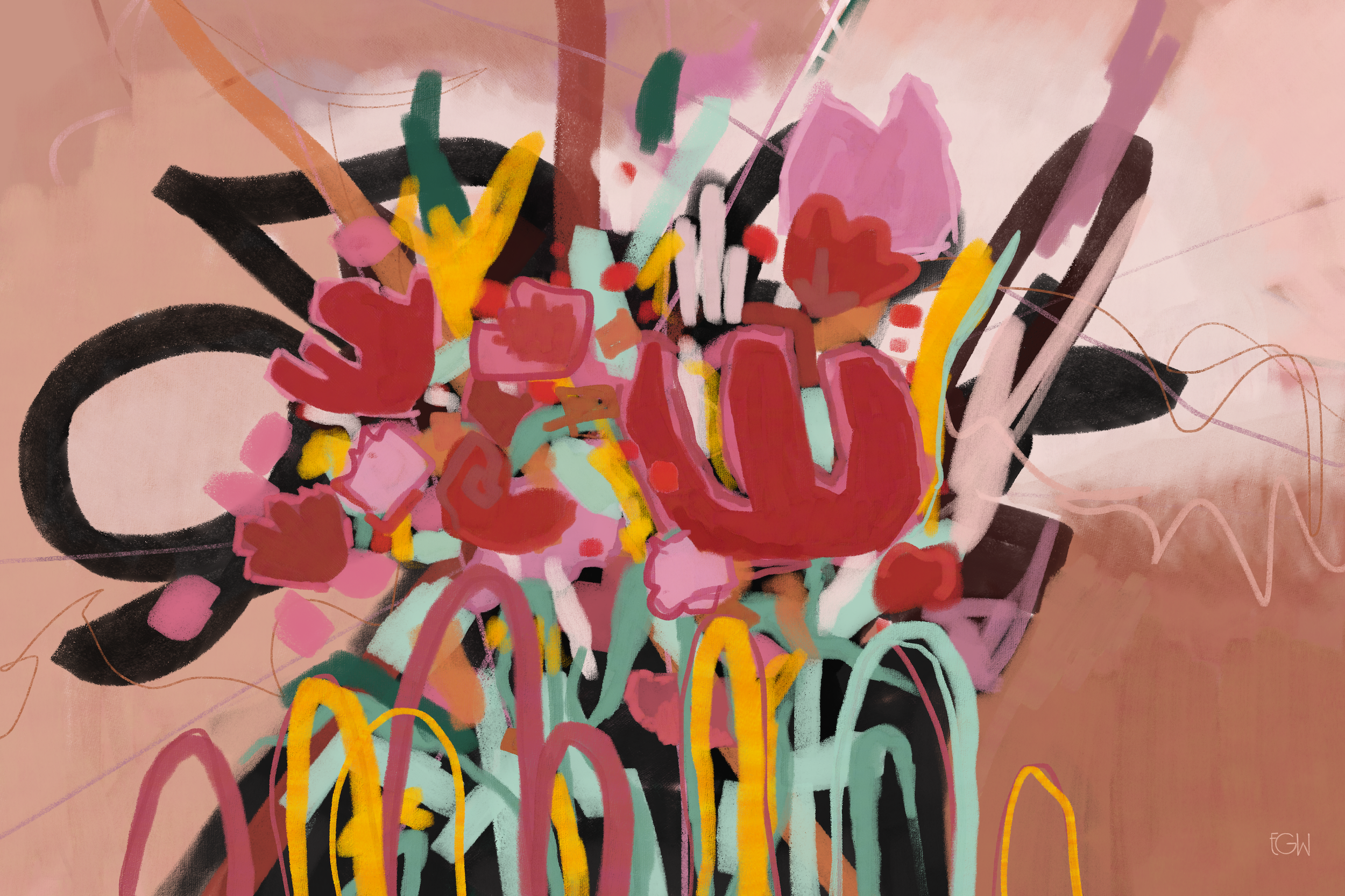 'I Didn't Forget' is an abstract painting of a bouquet of pink, red, yellow, and teal flowers. The background is a soft pink with swirling lines and shapes.