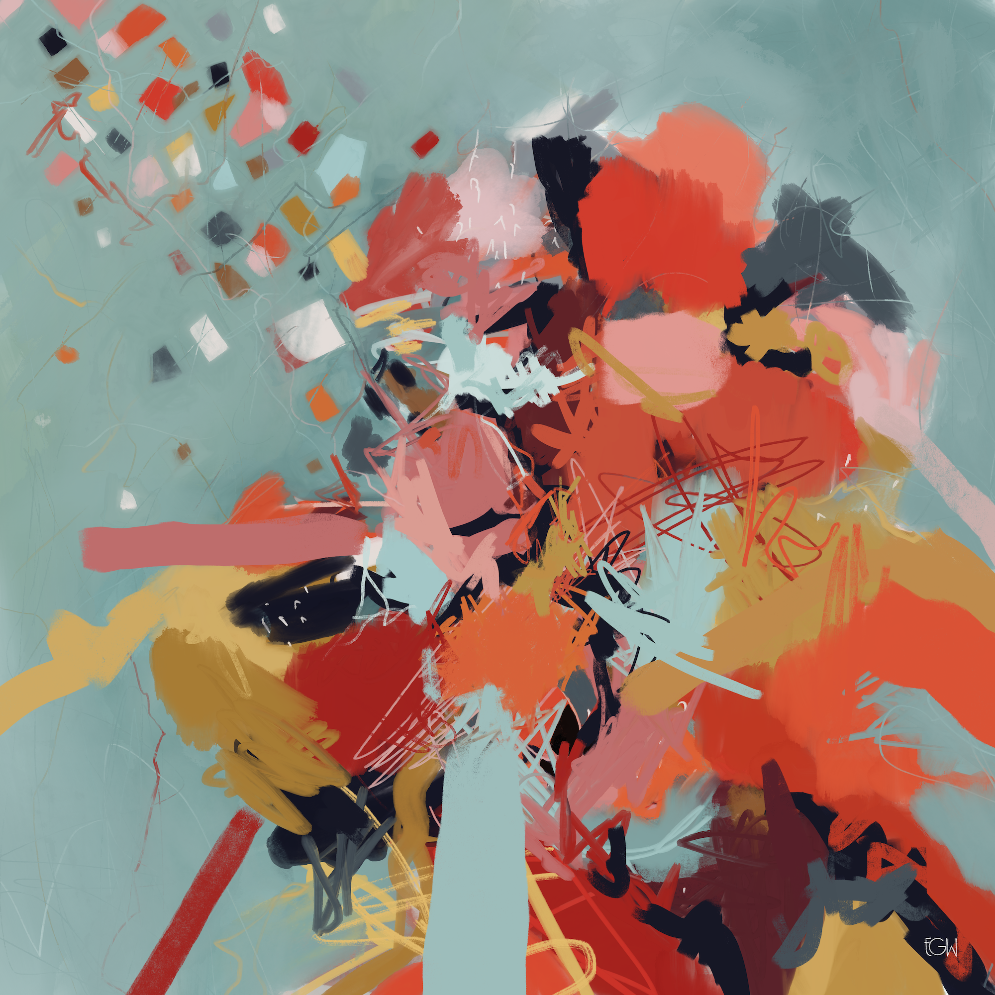 'One Step Closer' is an abstract digital painting by Emily Whitish, with vibrant colors including red, black, pink, yellow, white, and blue-green, featuring scattered, scribbled, and geometric shapes.