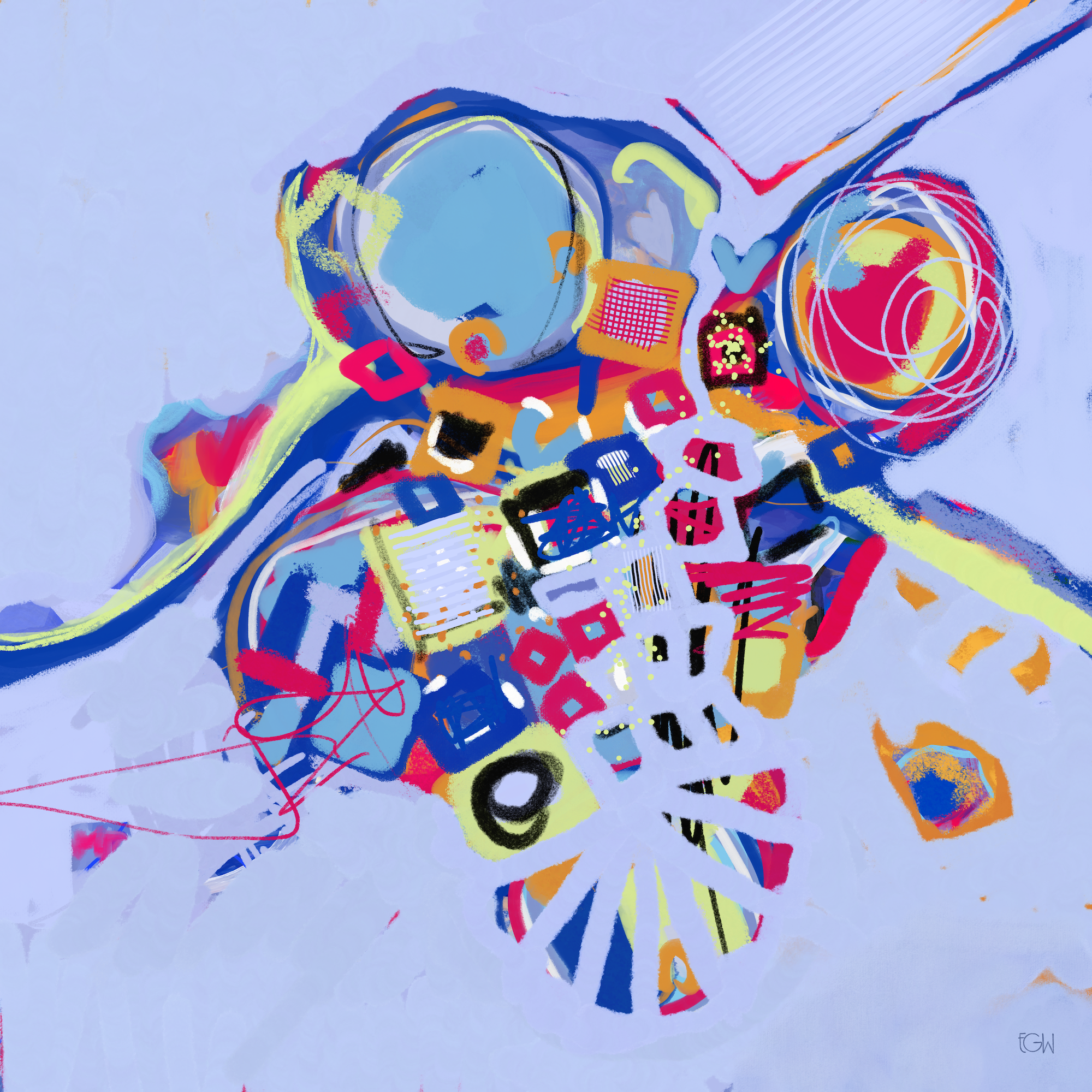 'Turn Inward,' by PNW artist Emily Whitish, is an abstract colorful painting with various shapes, lines, and patterns on a light background, featuring circles, rectangles, and squiggly lines in bright colors like red, yellow, blue, orange, and black.