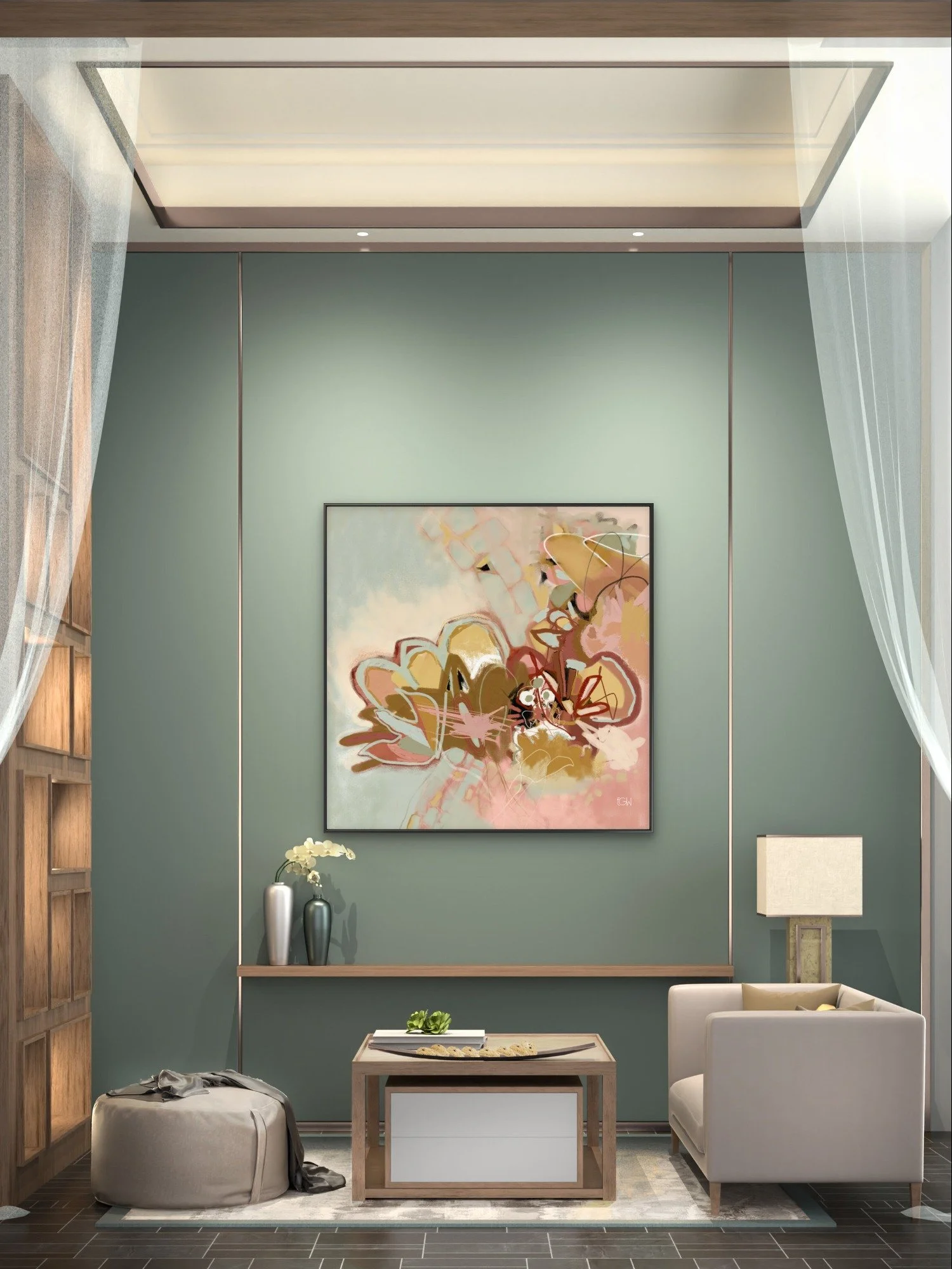 'Begin Again,' a contemporary abstract art painting print hangs on a green accent wall in a hotel lobby above a white armchair, wooden coffee table with decor, floor lamp, and decorative vases with flowers.
