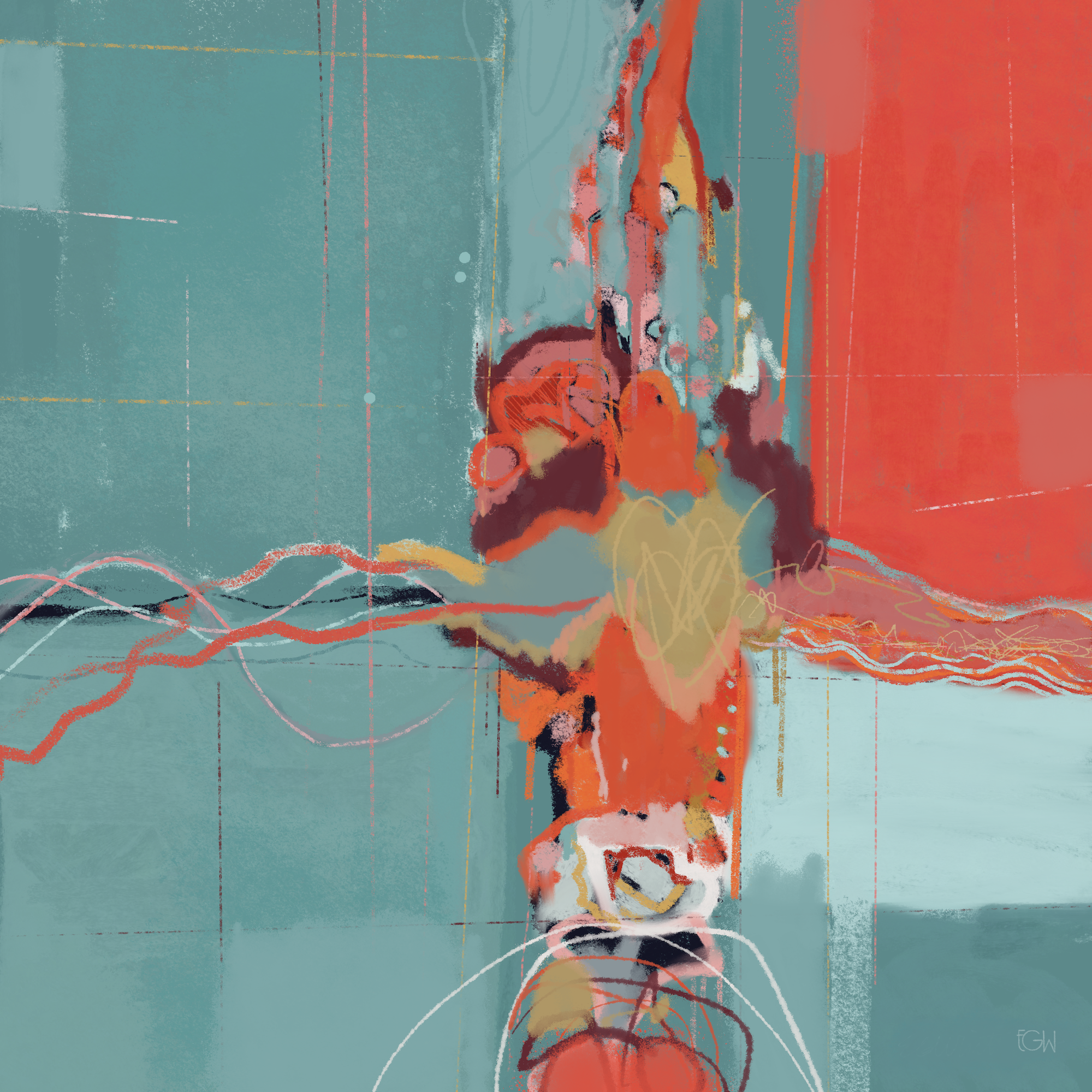'Fault Line' is an abstract digital painting by Emily Whitish with a predominantly teal background featuring streaks and dots of pink, yellow, white, and black, with some overlapping lines and shapes, creating a textured, layered appearance.
