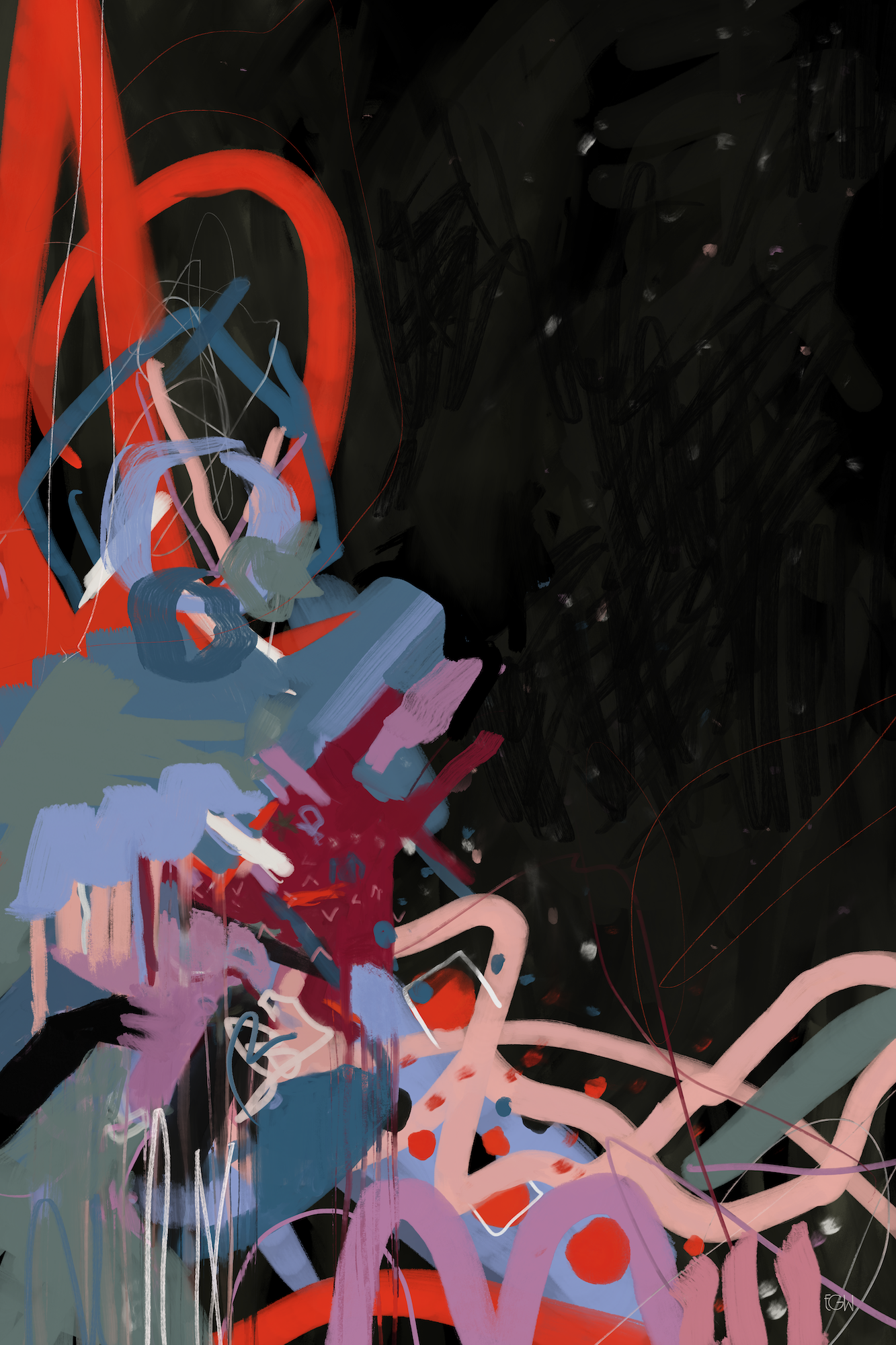 'Nothing to Prove' is an abstract digital artwork featuring vibrant colors and dynamic brushstrokes, with a predominance of black, red, blue, pink, and purple splashes and lines.