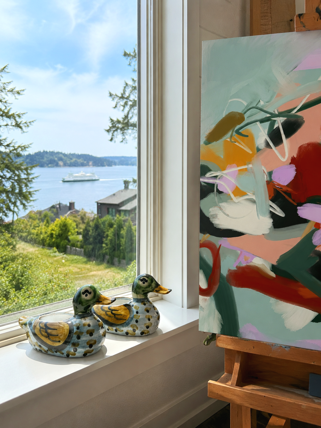 Studio vignette of two ceramic duck figurines on a windowsill overlooking a scenic landscape with trees, water, and a boat in the distance, next to an abstract painting on an easel.