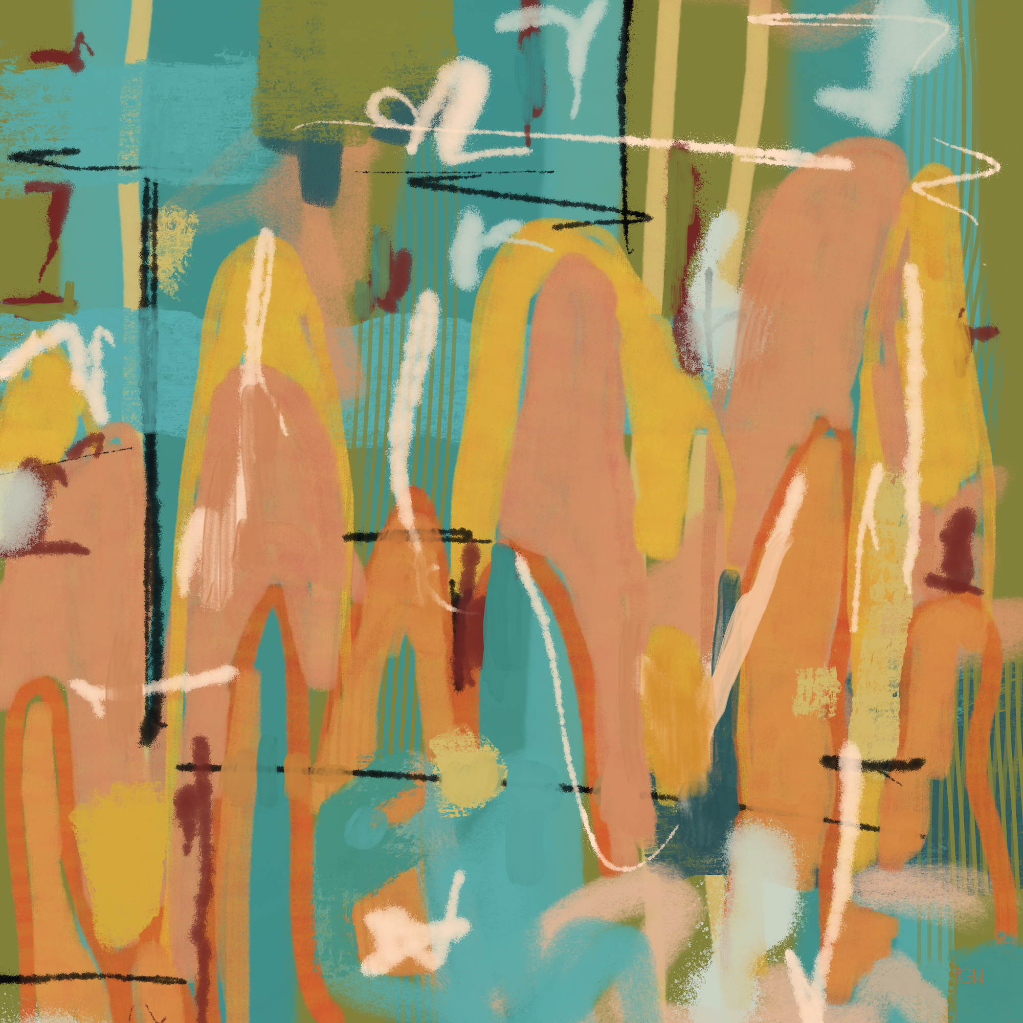 'In Good Spirits,' by Emily Whitish, an abstract colorful painting with various brush strokes, splashes, and lines in shades of teal, orange, yellow, green, black, white, and red.