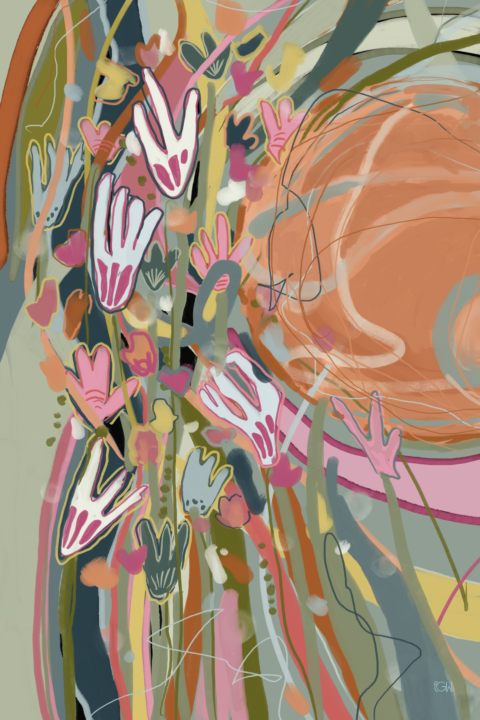 'The Garden Remembers' is an abstract floral digital painting by Emily Whitish, with various colorful shapes, leaves, and patterns in shades of pink, orange, yellow, green, and black.