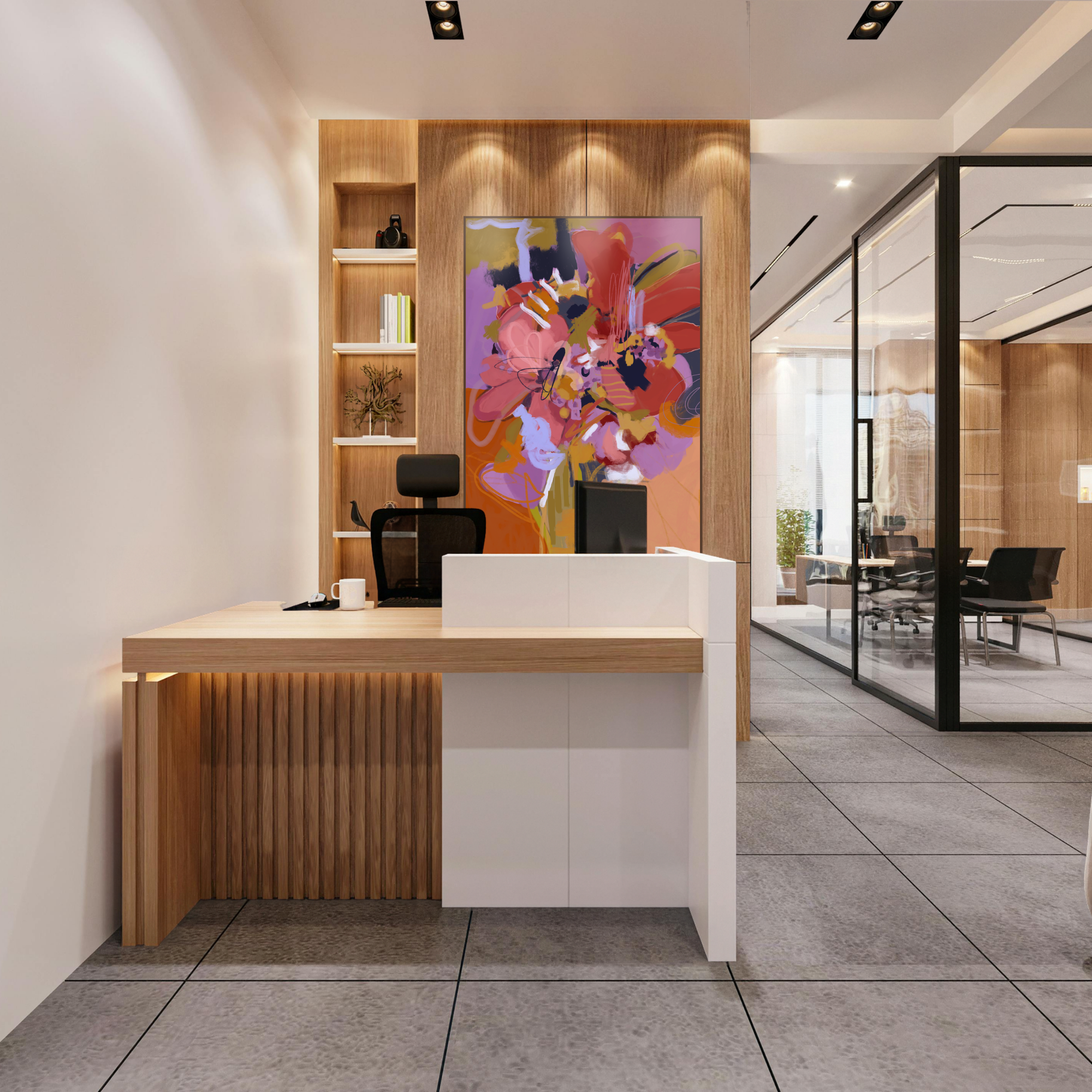 Modern wellness clinic reception desk with a colorful abstract painting by Emily Whitish hangs on a wooden wall, a shelf with books and a plant, and a glass-walled conference room visible in the background.