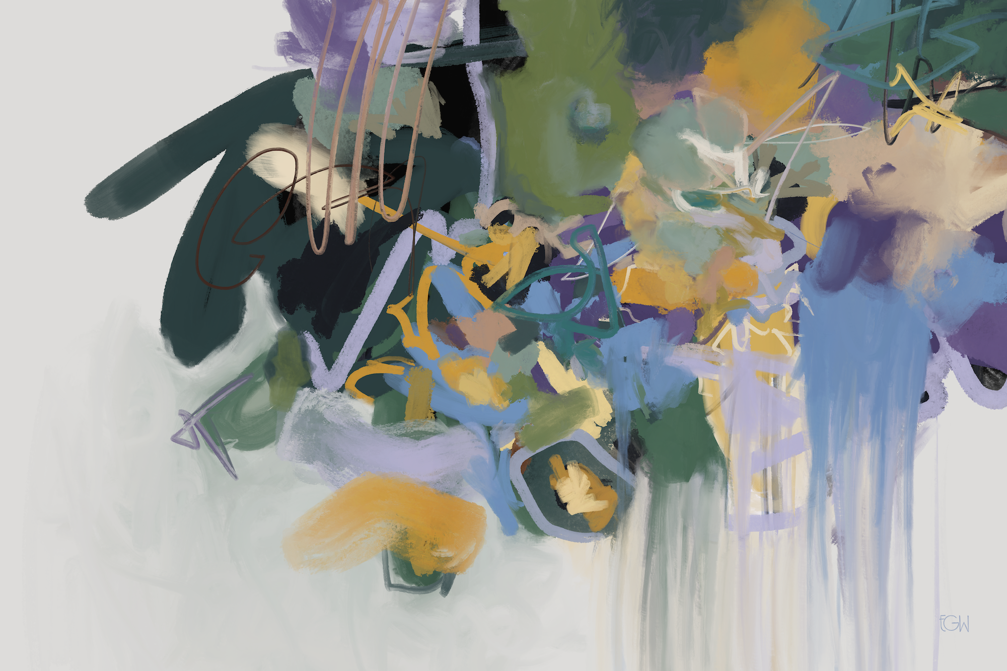 We Met for a Reason - Abstract painting by Emily Whitish with vibrant colors and dynamic brushstrokes, featuring areas of purple, green, yellow, black, and white. It has a lively, expressive style.