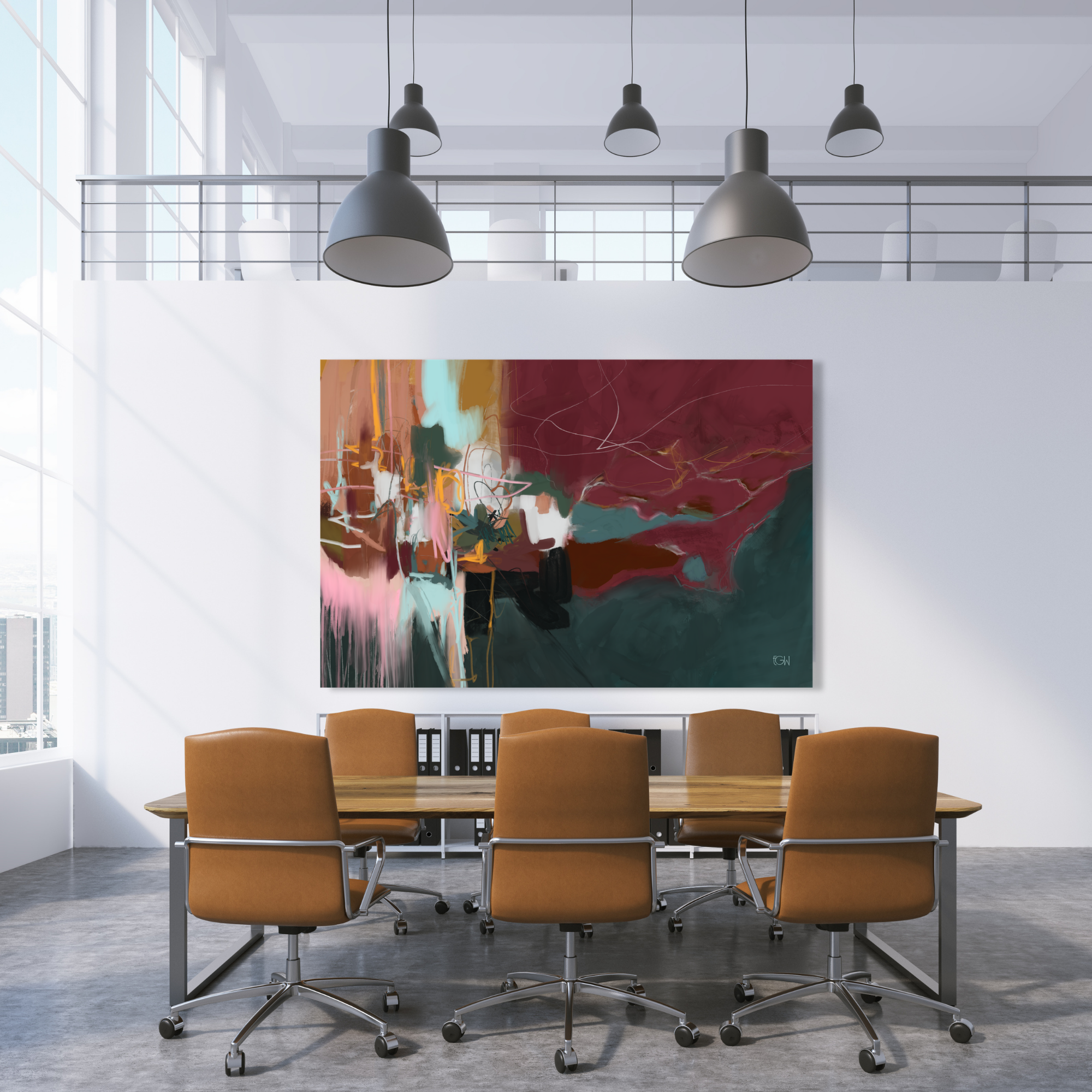 'Turn the Page,' abstract art by Emily Whitish hangs in a modern conference room with a large wooden table surrounded by orange chairs on casters, and a row of black desk organizers with binders.