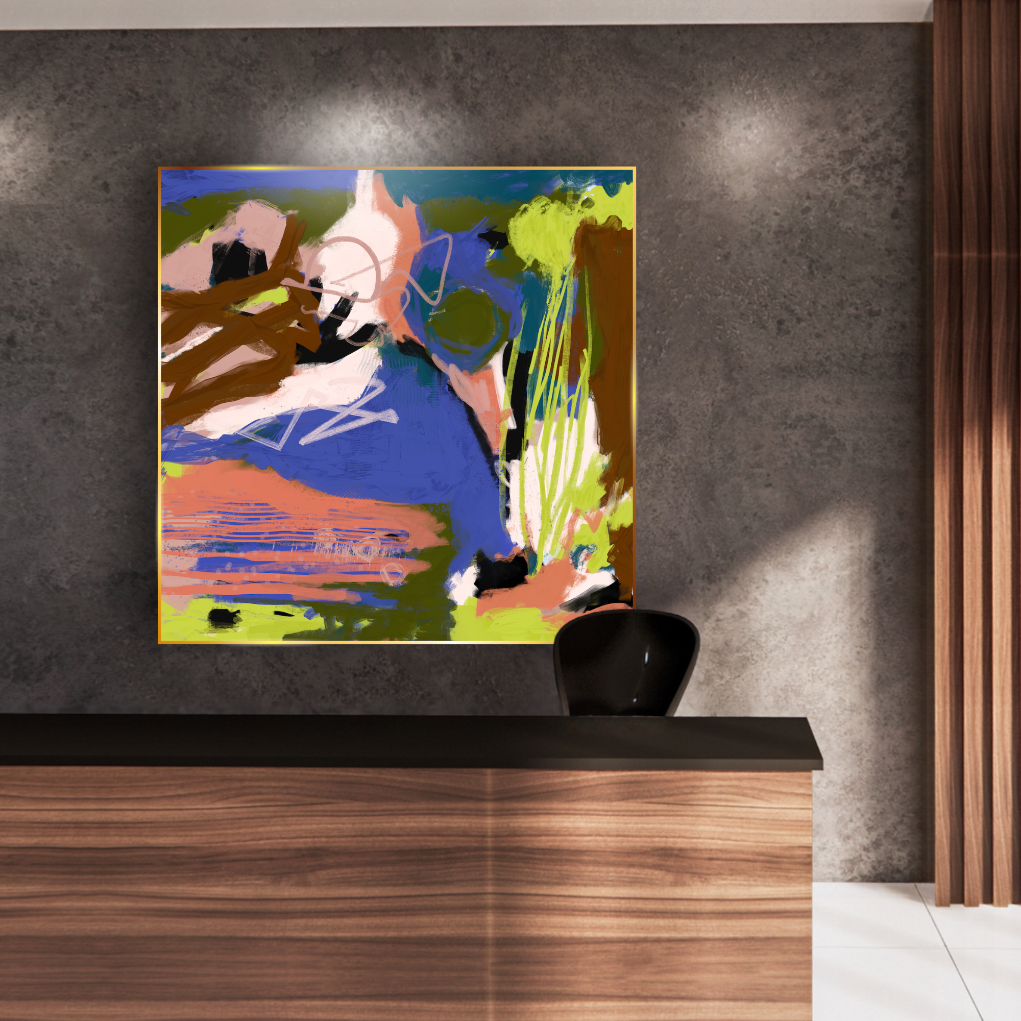 'Understory,' a gestural and bold abstract painting by Emily Whitish is displayed on a gray speckled wall and a wooden backdrop in a modern interior.