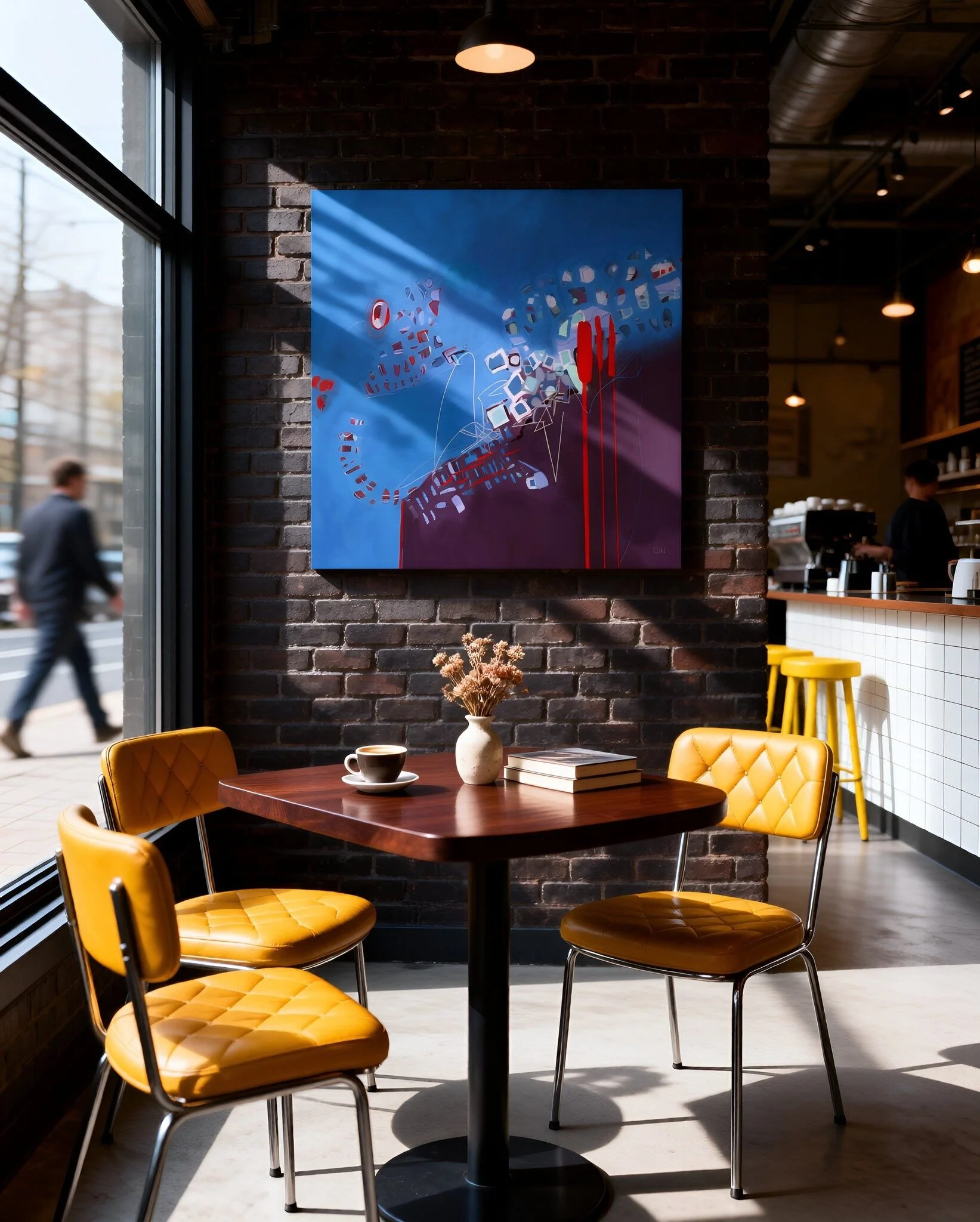 Interior of a modern coffee shop with a round wooden table, four yellow padded chairs, a window showing a street scene outside. A large colorful abstract painting, 'Life Blueprint' by Emily Whitish hangs on the wall.
