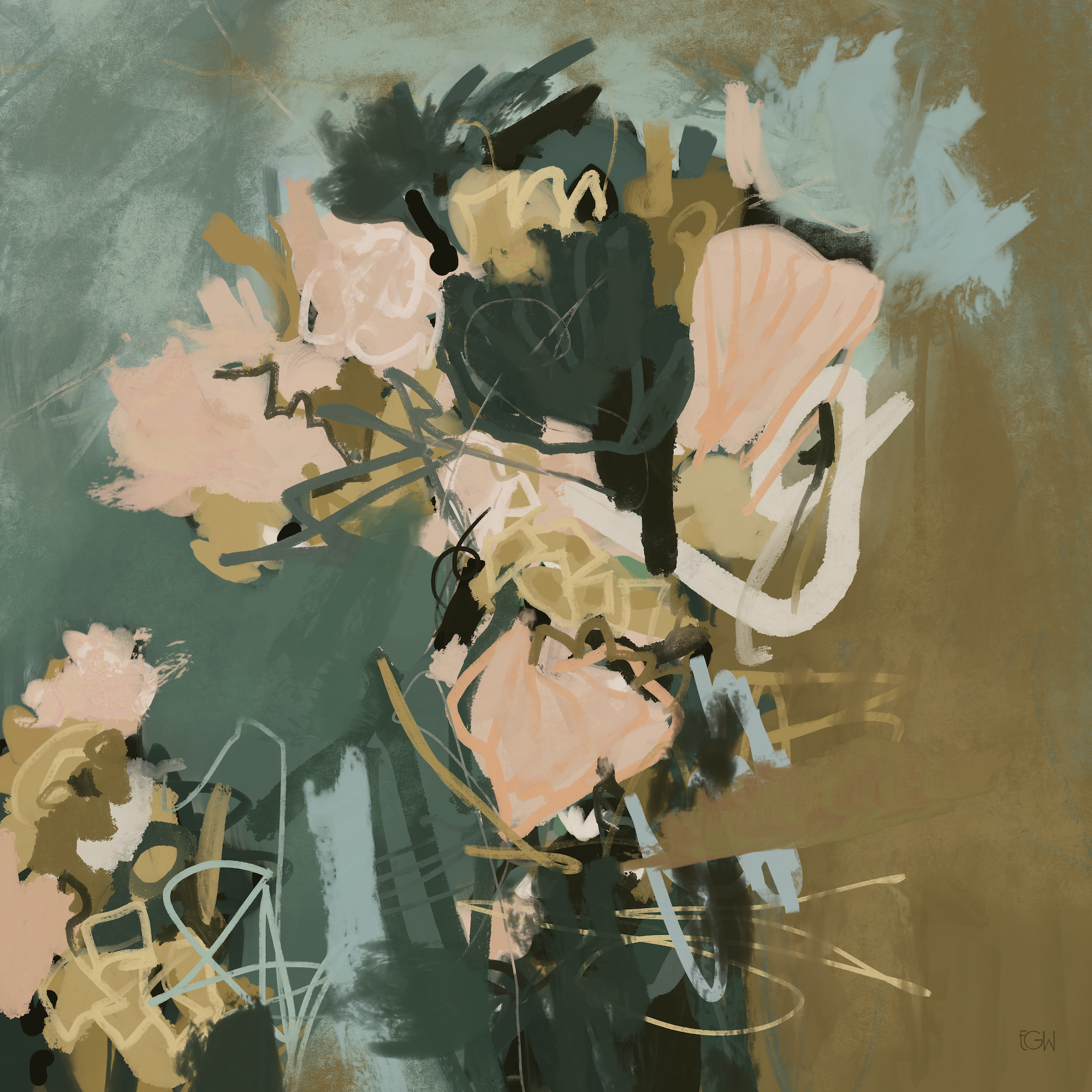 Emily Whitish's digital abstract painting 'What Remains is Gold' features various shapes and colors, including green, tan, black, white, light pink, and peach, featuring layered textures and dynamic brushstrokes.