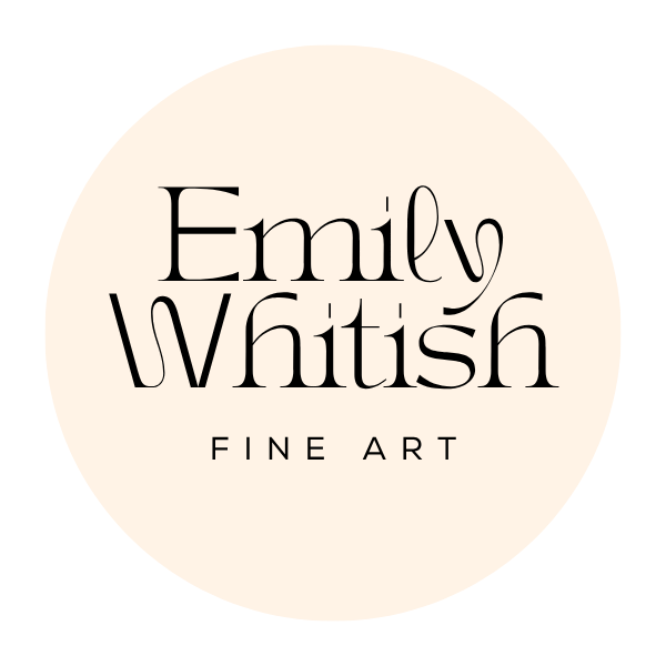 Logo for Emily Whitish Fine Art featuring the name and art designation in stylized black font on a cream circular background.