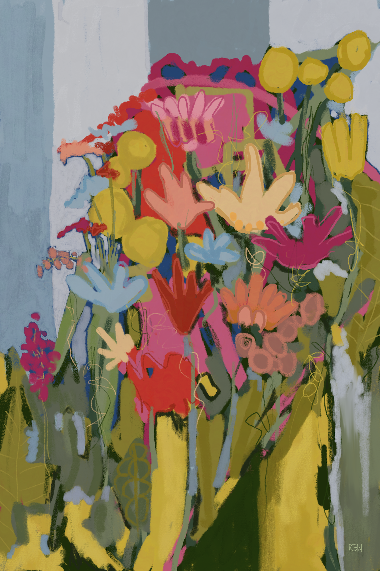 'Open Window,' is an abstract digital painting by artist Emily Whitish featuring colorful flowers in shades of yellow, pink, red, blue, and green, with bold brushstrokes and mixed textures.