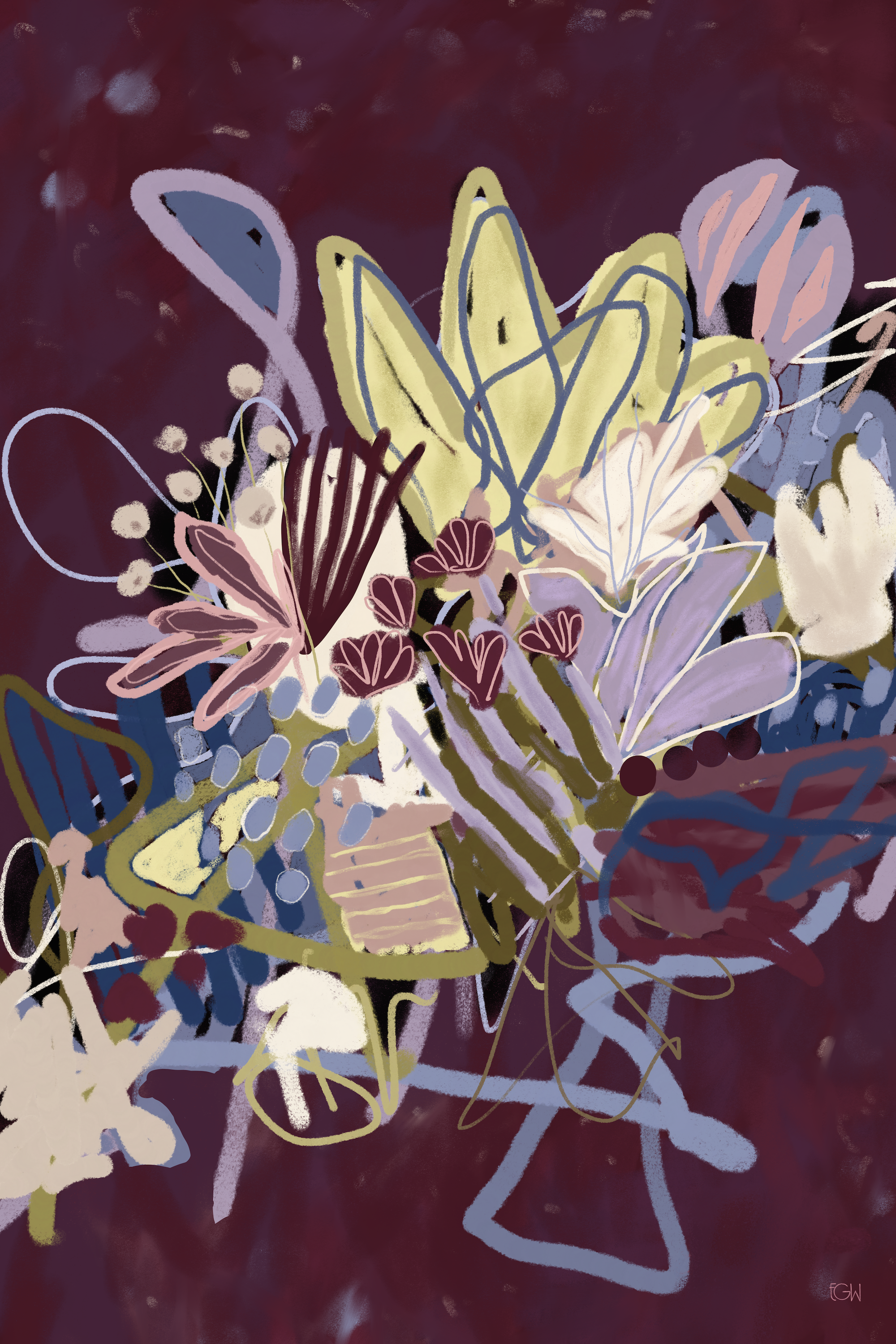 Abstract floral artwork, 'Turn Over a New Leaf,' by artist Emily Whitish has yellow, pink, white, purple, and blue flowers and leaves on a dark maroon background. The art style is vibrant and expressive, with bold lines and soft, blended colors.