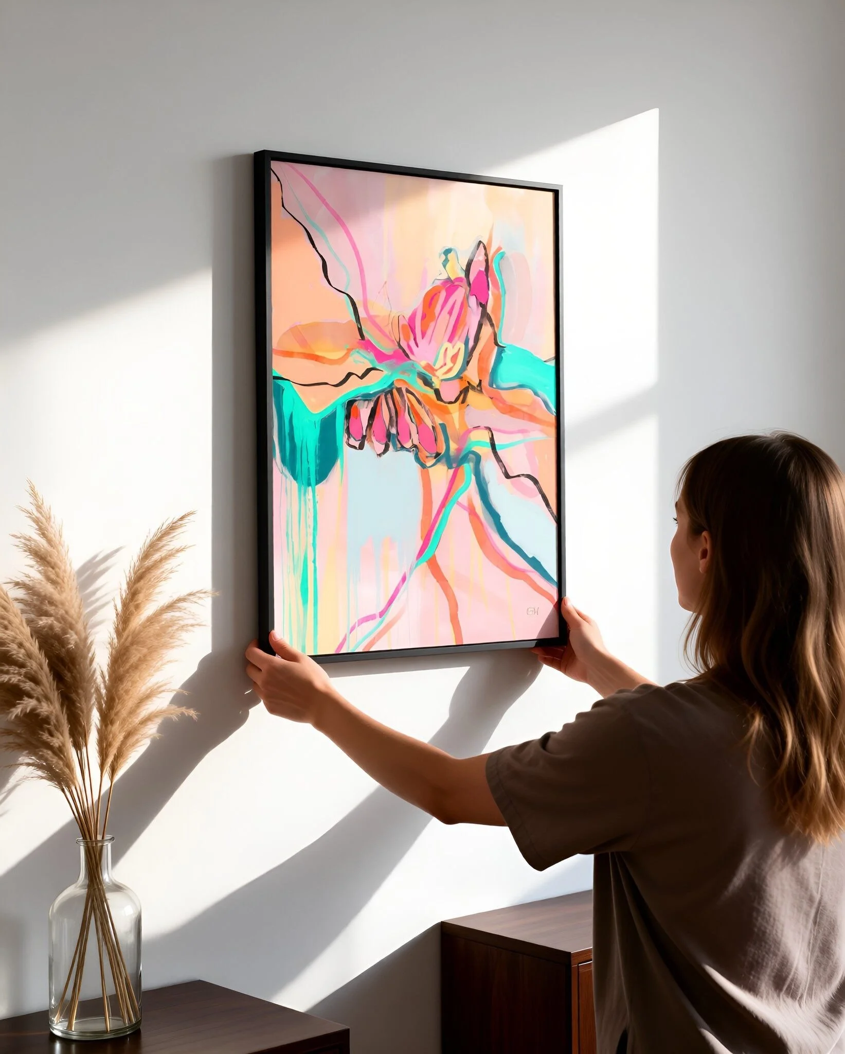 A woman holding a framed painting called 'First Date' by contemporary PNW artist Emily Whitish in front of a white wall with sunlight casting shadows. There is a wooden side table and a glass vase with dried pampas grass on it.