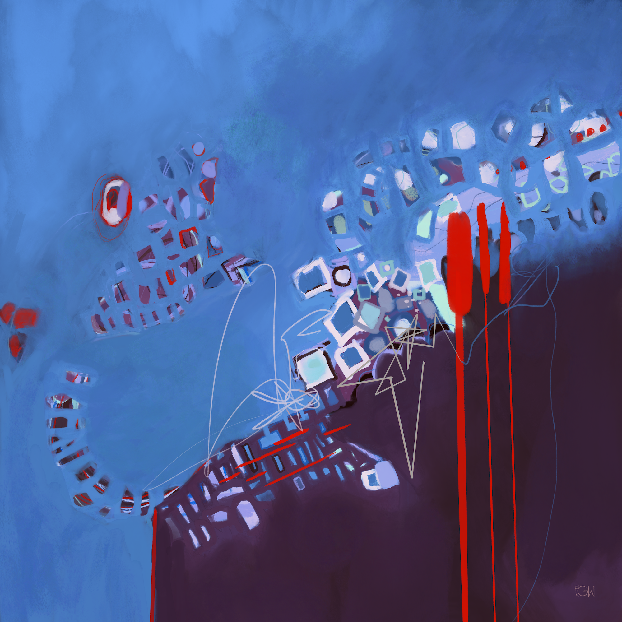 Abstract digital artwork featuring a predominantly blue background with geometric patterns and red accents. 'Life Blueprint' by Bainbridge Island artist, Emily Whitish.